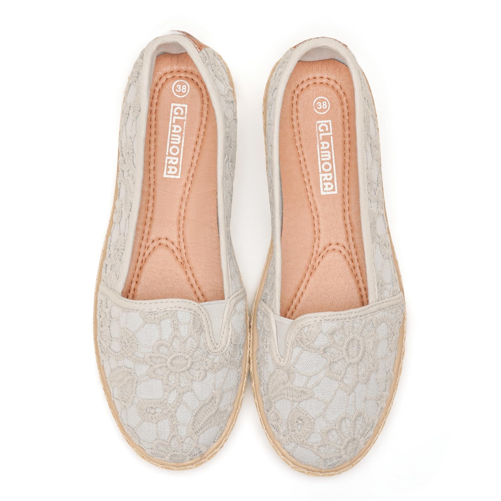 GLAMORA Alpargatas de Encaje con Suela de Esparto, Zapatos Planos Mujer Tipo Bailarinas Manoletinas Cómodas Slip On, Calzado Verano Ligero Transpirable Punta Redonda