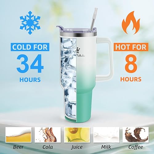 Miniatura 4 de Vaso de 40 onzas con asa y tapa con popote, taza de café de viaje 100% a prueba de fugas, taza aislada de acero inoxidable para bebidas frías y