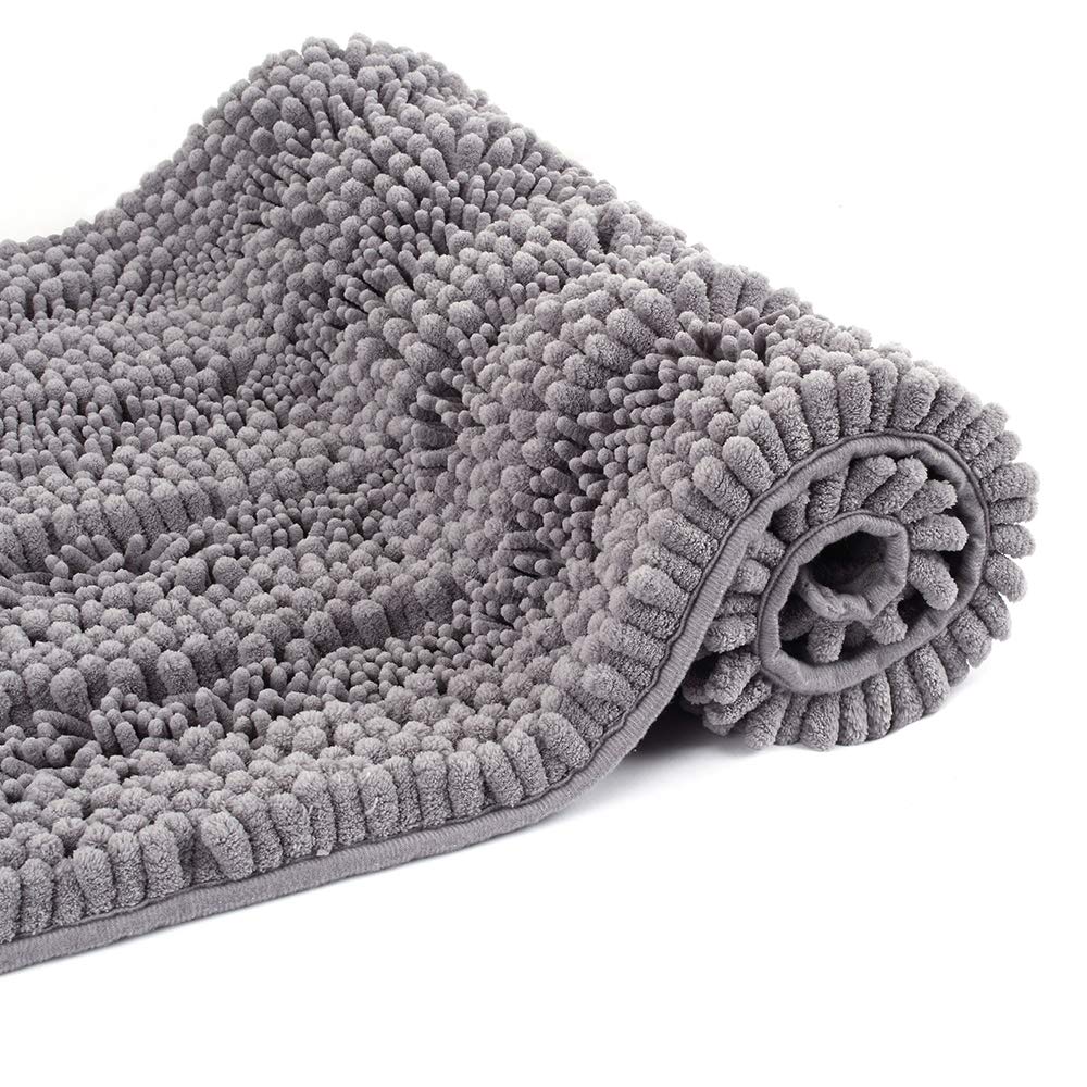 Coralov Luxury Chenille Bathroom Rug Shag Shower Mat, 20x32, Extra Soft and Absorbent Shaggy Rugs, Machine Wash Dry, Perfect Plush Carpet Mats for Tub, Shower, and Bath Room, Gray