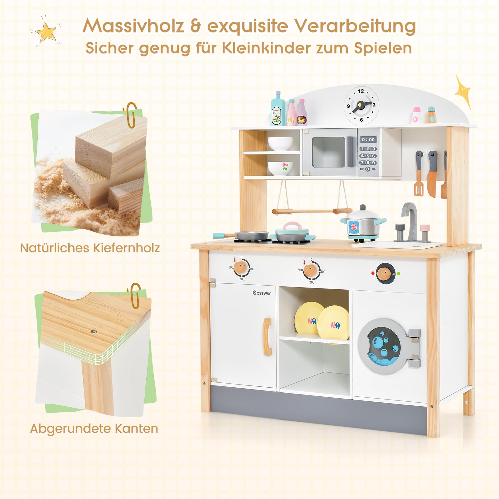 COSTWAY Kinderküche aus Holz, Spielküche inkl. 17 Zubehör, Spielzeugküche mit Mikrowelle, Waschmaschine, Waschbecker, Herde & Kochgeschirr, Holzküche für Kinder ab 3 Jahren