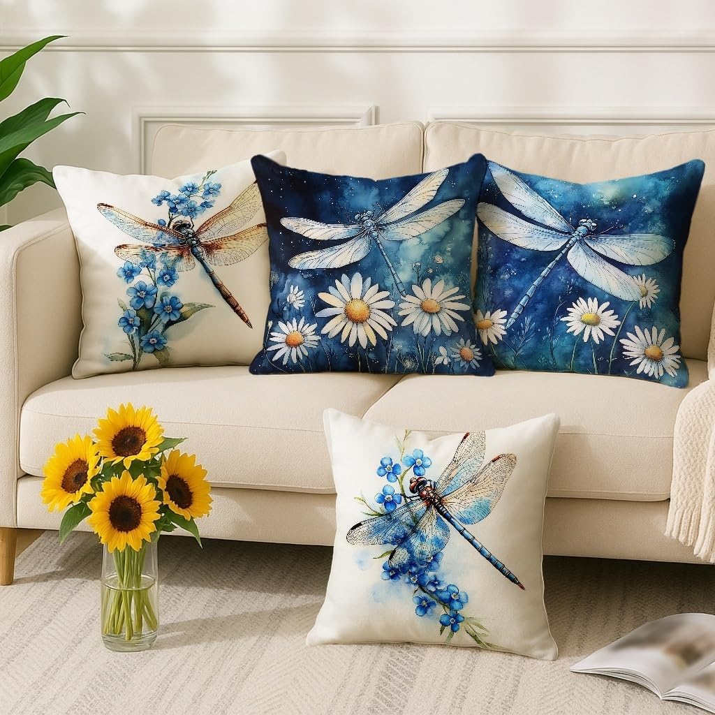 Dragonfly Throw Pillow Covers Set of 4, Nature Fanciful Chrysanthemum Spring Blue Soft Velvet Washable Cushion Covers Pillow for Living Room Bed Office Sofa Chair Decor 20x20 Inch