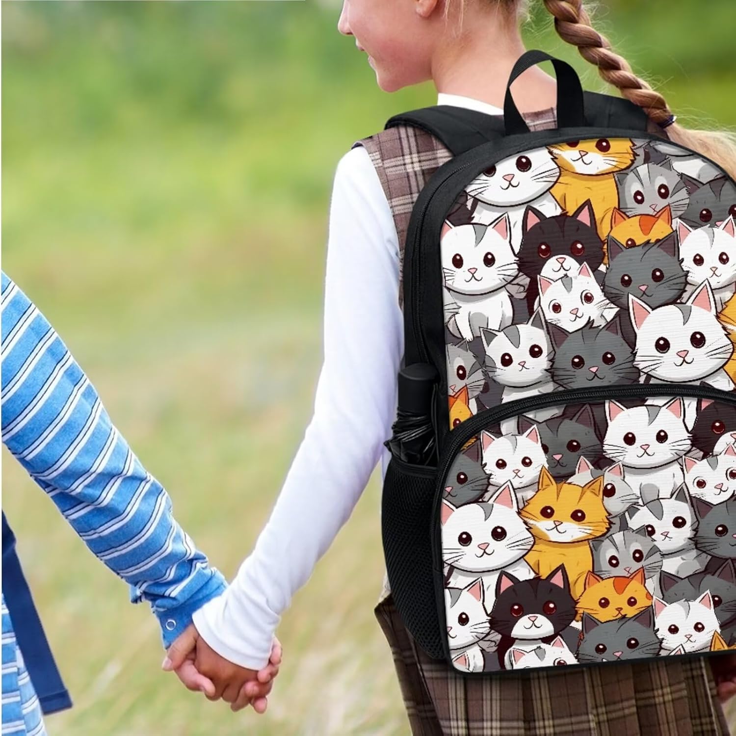 Modern Girls Backpack with Lunch Box Lightweight Cute Cat Backpack for Girls Sturdy Comfy Padded Back School Bookbag Grey 17 Inch Backpack And Lunch Bag Set