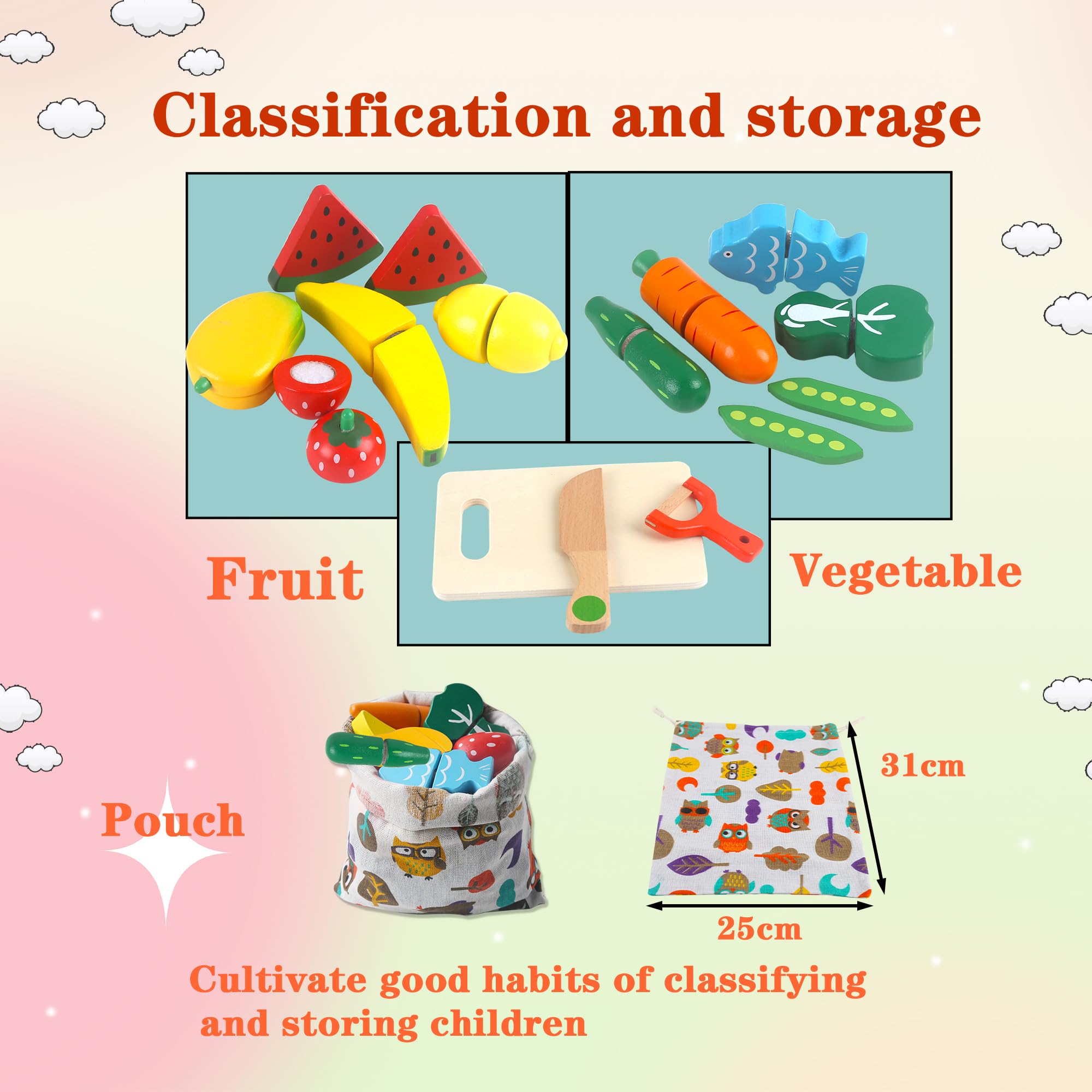 Juguete De Madera Para Cortar Frutas Y Verduras – Set De Cocina Infantil Con Bolsa (2-5 Años, Niñas Y Niños)