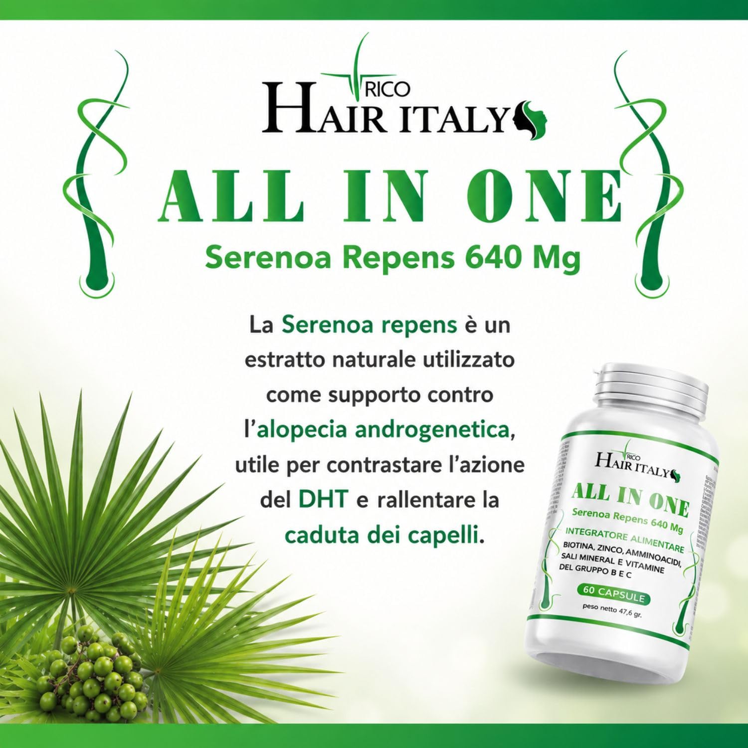 Integratore capelli e Vitamine capelli + serenoa repens+biotina+zinco+Selenio+Saw Palmetto e Caffeina.Multivitaminico Estratti Vegetali e Vitamine,Supporta la crescita aiuta contro la caduta.