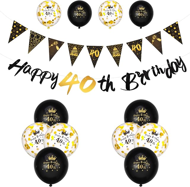 FRIUSATE 40th Birthday Decorations Set, Black Gold Happy Birthday Banner with Black Latex Balloons/Confetti Balloons Happy Birthday Bunting Flag Triangle Banners
