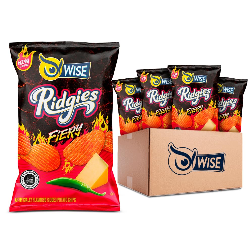 Wise Snacks Ridgies Fiery Potato Chips, Spicy and Crunchy Snack Pack, 0.75 Ounce Bags (40 Count), Bold Flavor, 0g Trans Fat, No Preservatives