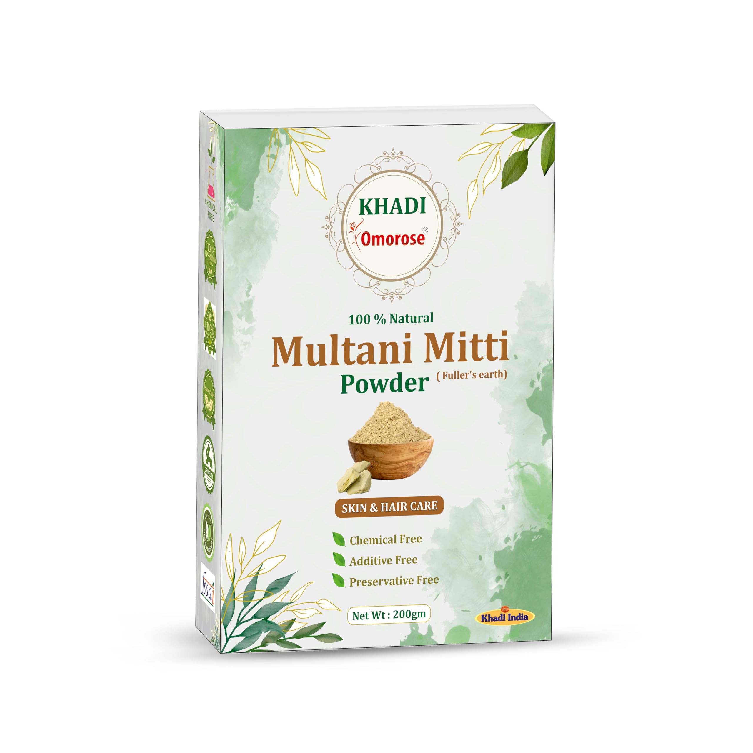 Khadi Omorose Multani Mitti Powder for Hair and Skin Care | 200 Grams | 100 & Pure & natural | Soft & Glowing Skin | Exfoliator | Softner | Nourishment | Fuller's Earth | Resealable Zipper Pouch pack