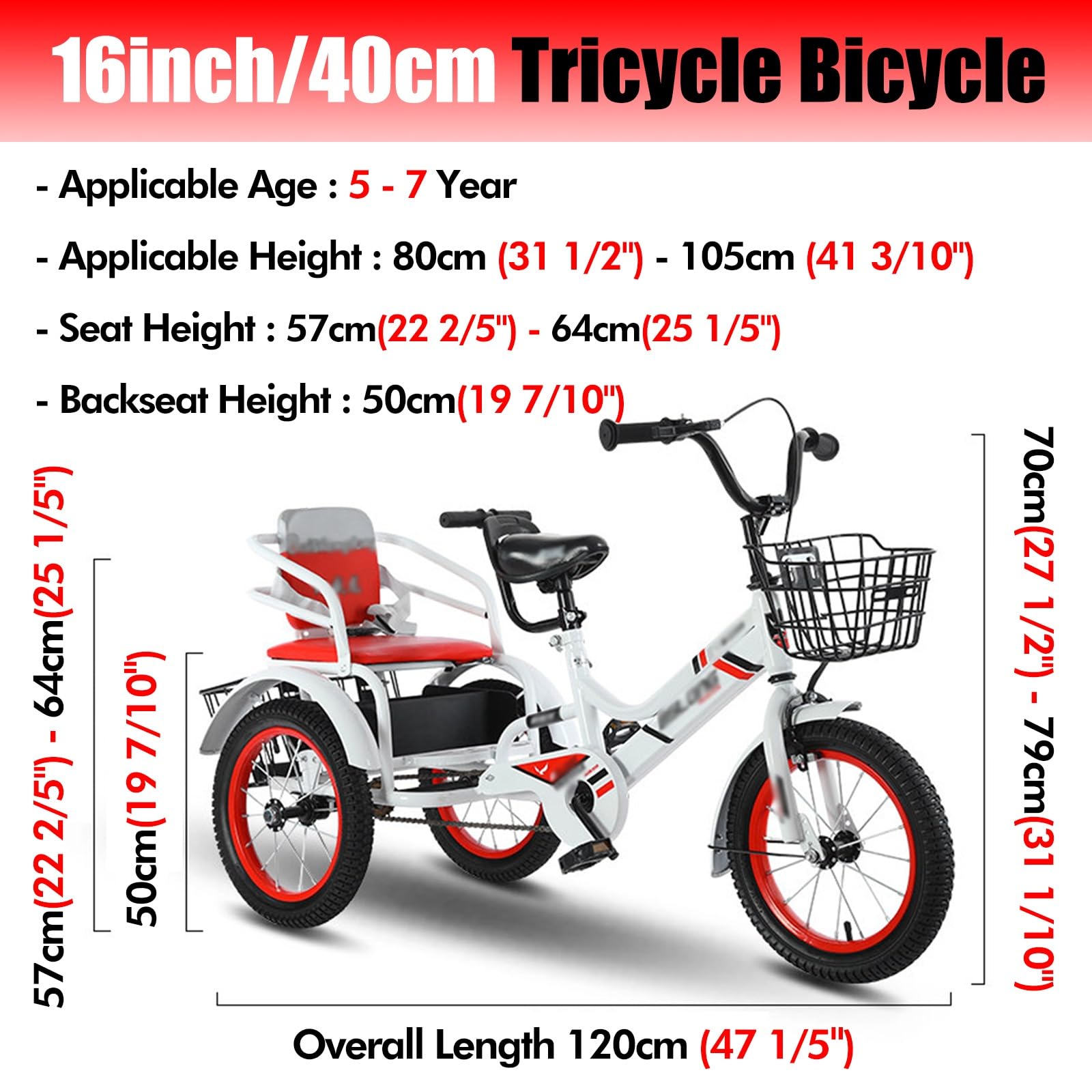 SRNSAEB Triciclo per Adulti, Bici a Tre Ruote per Bambini, Carrello per Due Bambini, Robusta Bici da Crociera a 3 Ruote per Principianti, Rosso, 16 pollici