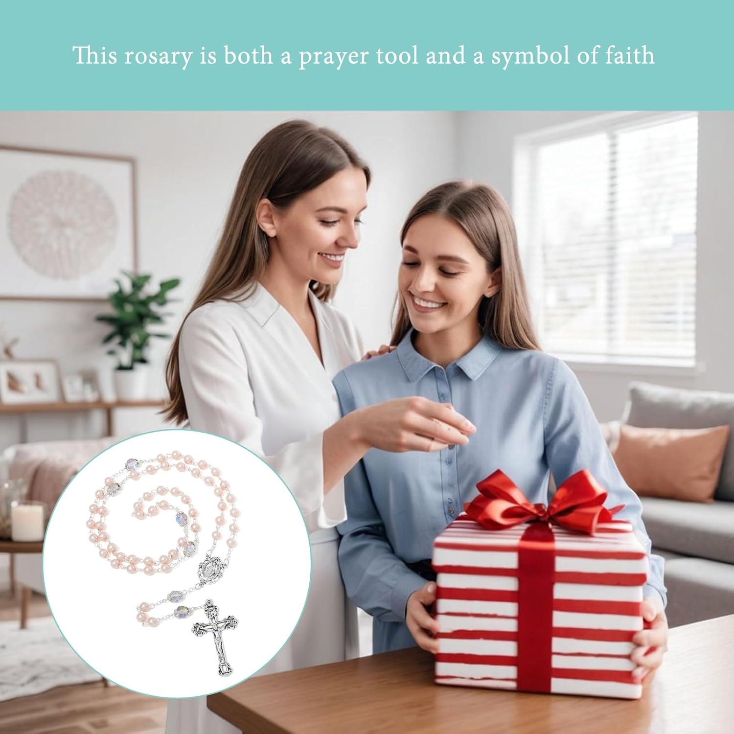 KOMI 6 MM Pearl Rosary Beads With Crucifix, Catholic Necklace for Women With Velvet Bag or Rosary Box - Image 6