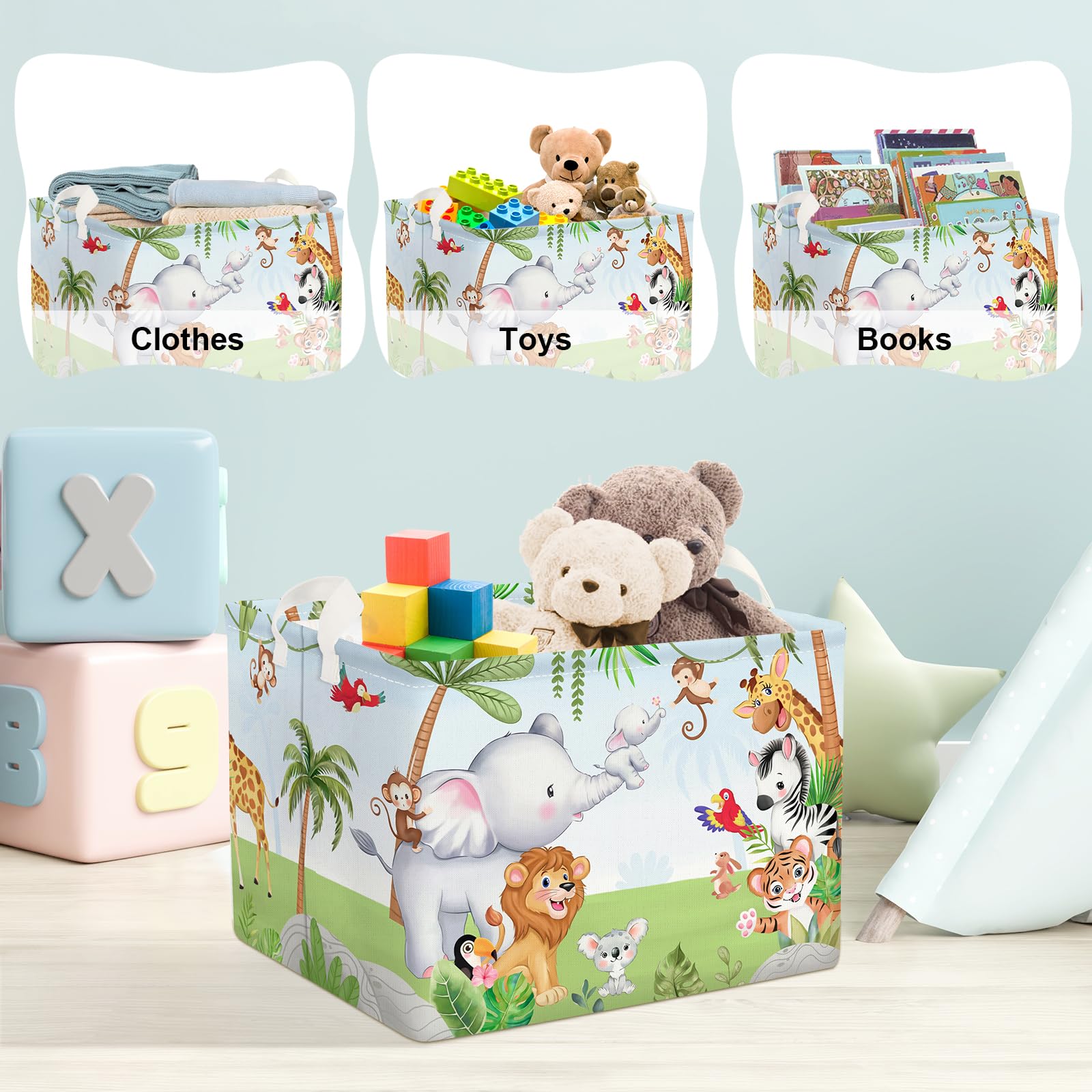 Panier De Rangement Animaux De La Forêt - Boîte Rectangulaire Éléphant Girafe Lion Tigre Pour Chambre Enfant, 40x30x30 Cm
