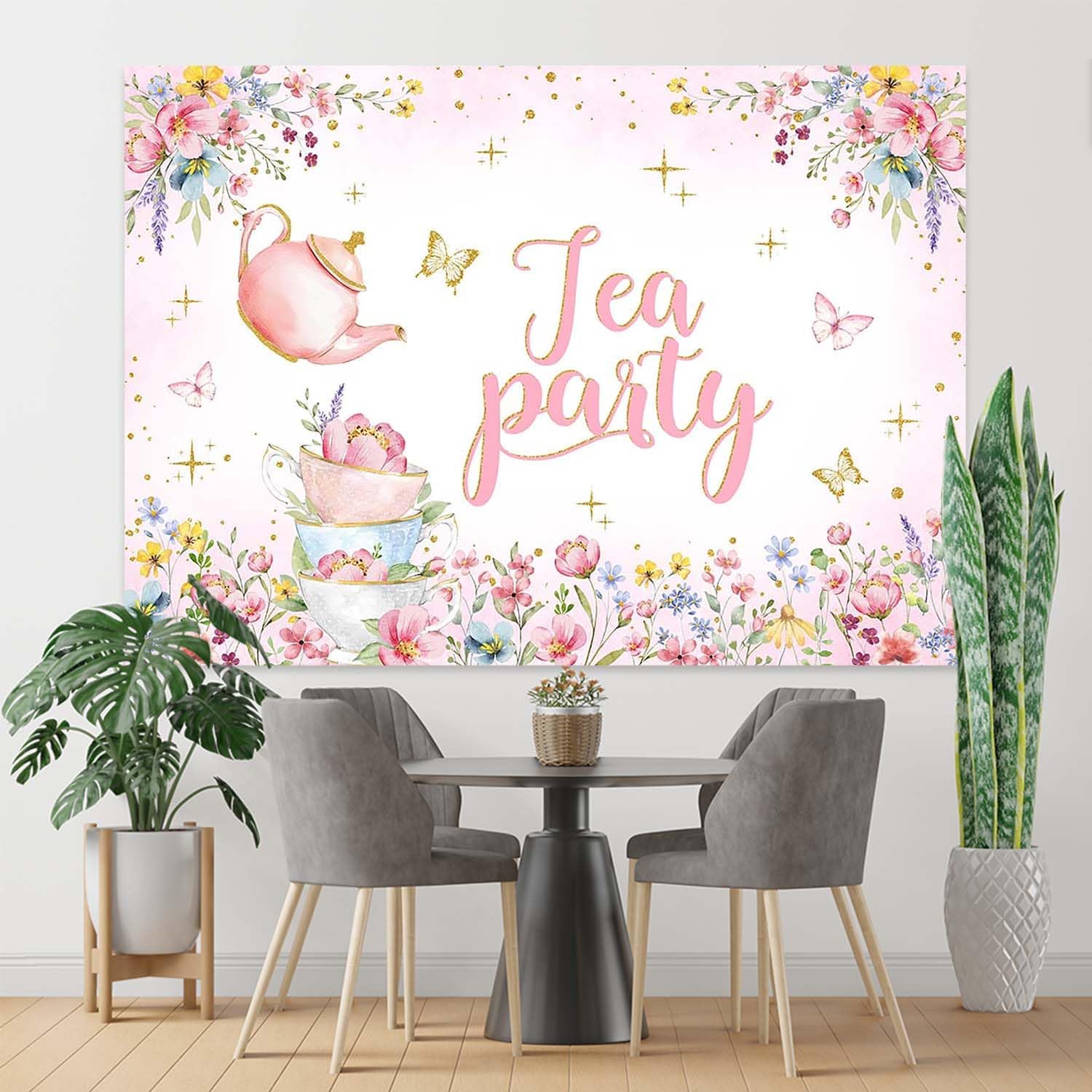 Tea Party Birthday Backdrop Wildflower Par-Tea Wonderland Photography Background Pink Floral Butterfly Girls Birthday Party Photo Booth Supplies (7x5ft) image 3