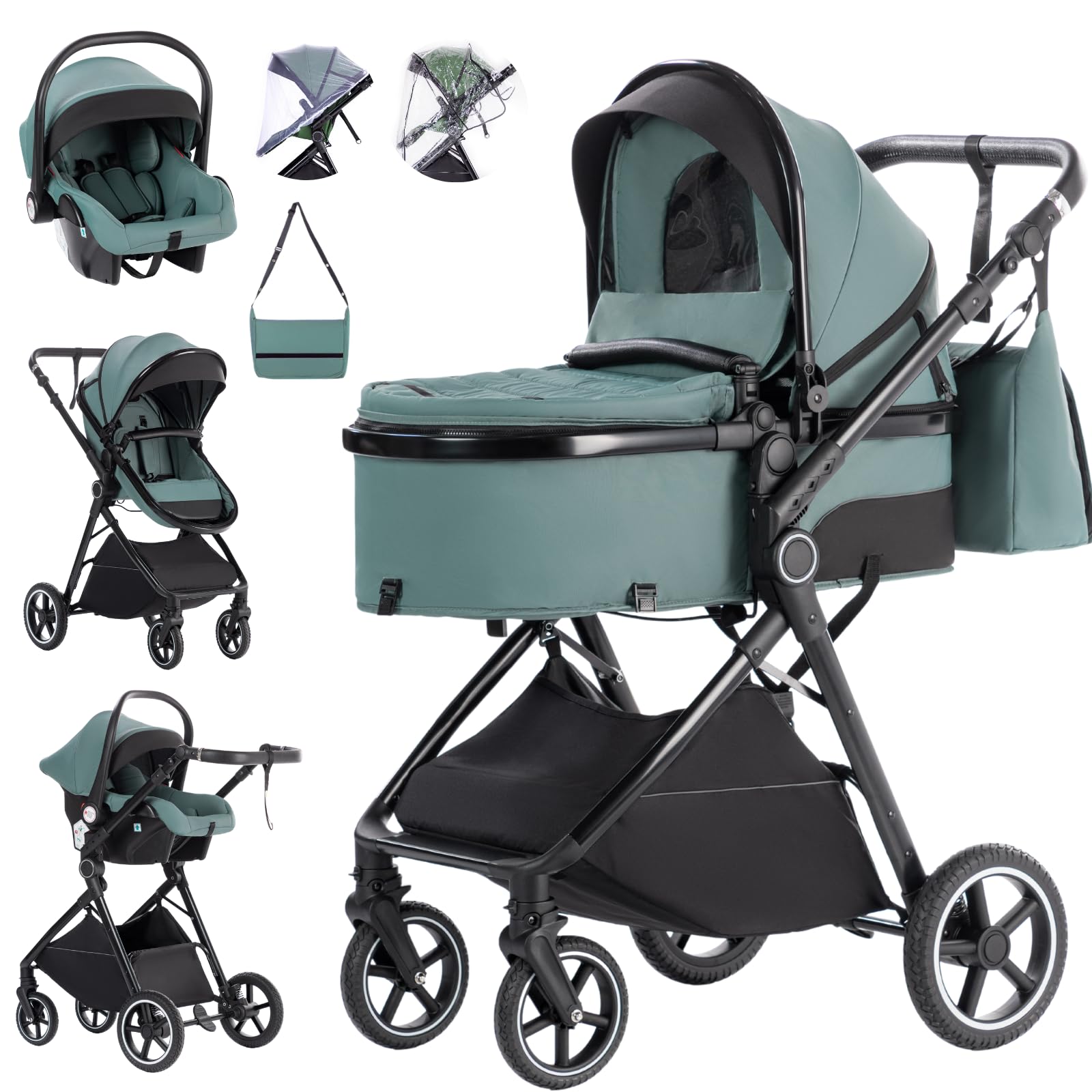 Zkiprm kinderwagen 3 in 1, Kinderwagenset mit Sitz, Doppelt faltbares Design, Zwei-Wege-Schub Babywagen, Liegeposition verstellbar, Große ausziehbare Verdeck, bis 15 kg, 0-3 Jahre