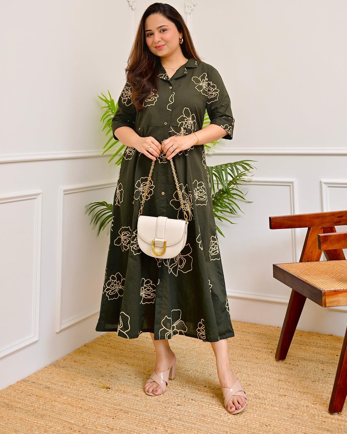 Women's Floral Print Maxi Dress, 3/4th Sleeve, Round Neck, A-Line Fit and Flare, Boho Style, Casual Wear-picture-24