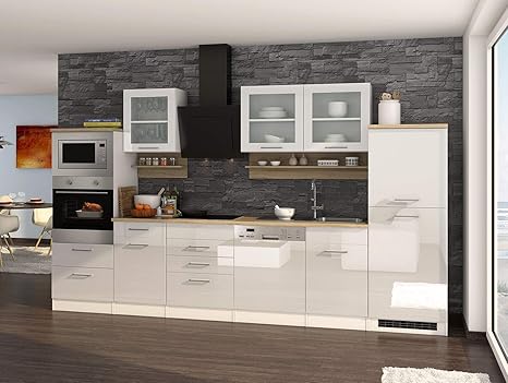 lifestyle4living kuche mit elektrogeraten 340cm kuchenzeile kuchenblock einbaukuche e gerate hochglanz weiss eiche sonoma amazon de kuche haushalt wohnen