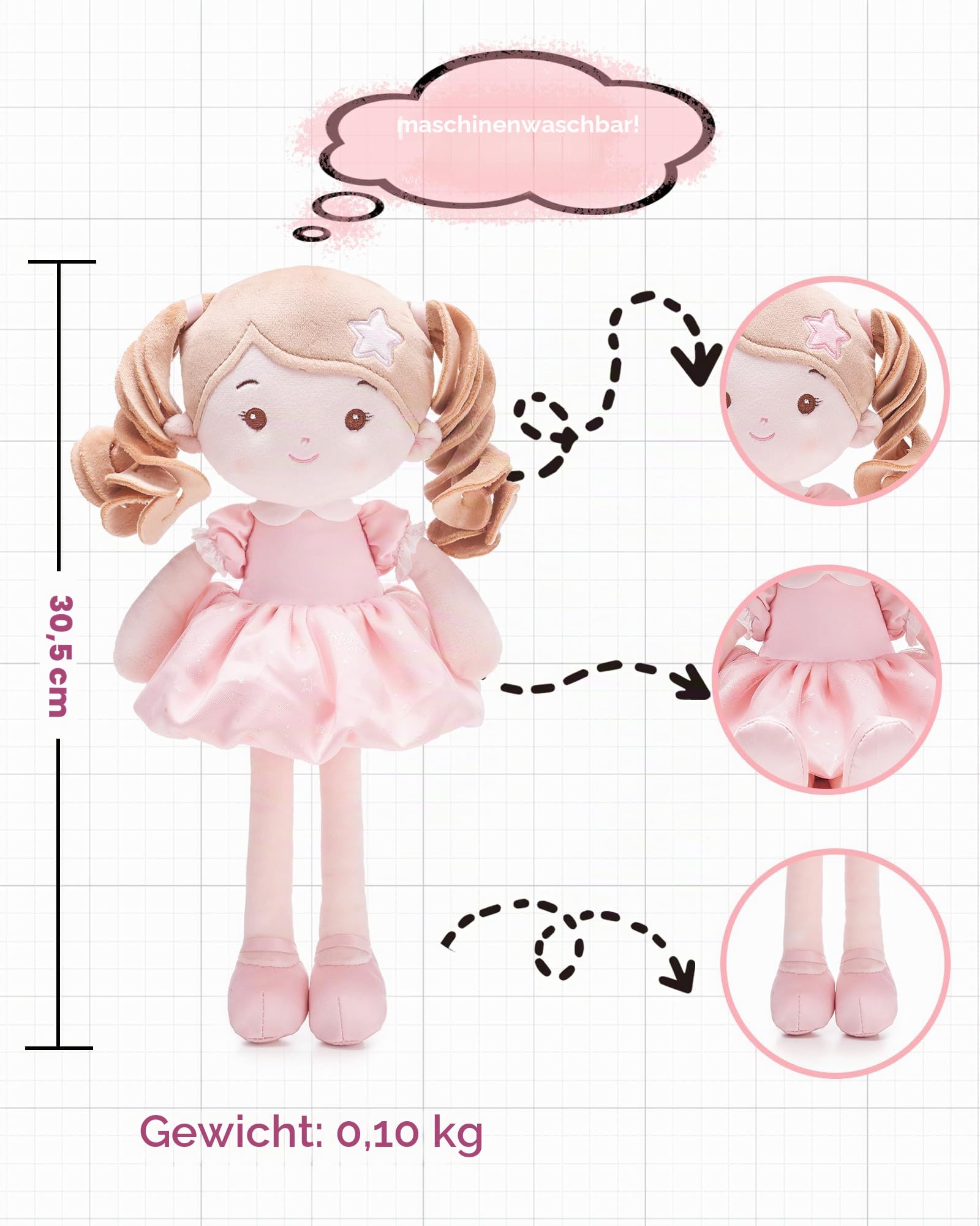 LeyaDoll Weiche Stoffpuppe (32cm), Geburtstags- & Taufgeschenk für Mädchen – Liebevolles Baby Spielzeug 0–3 Jahre – Mein erster Schutzengel –Starlet