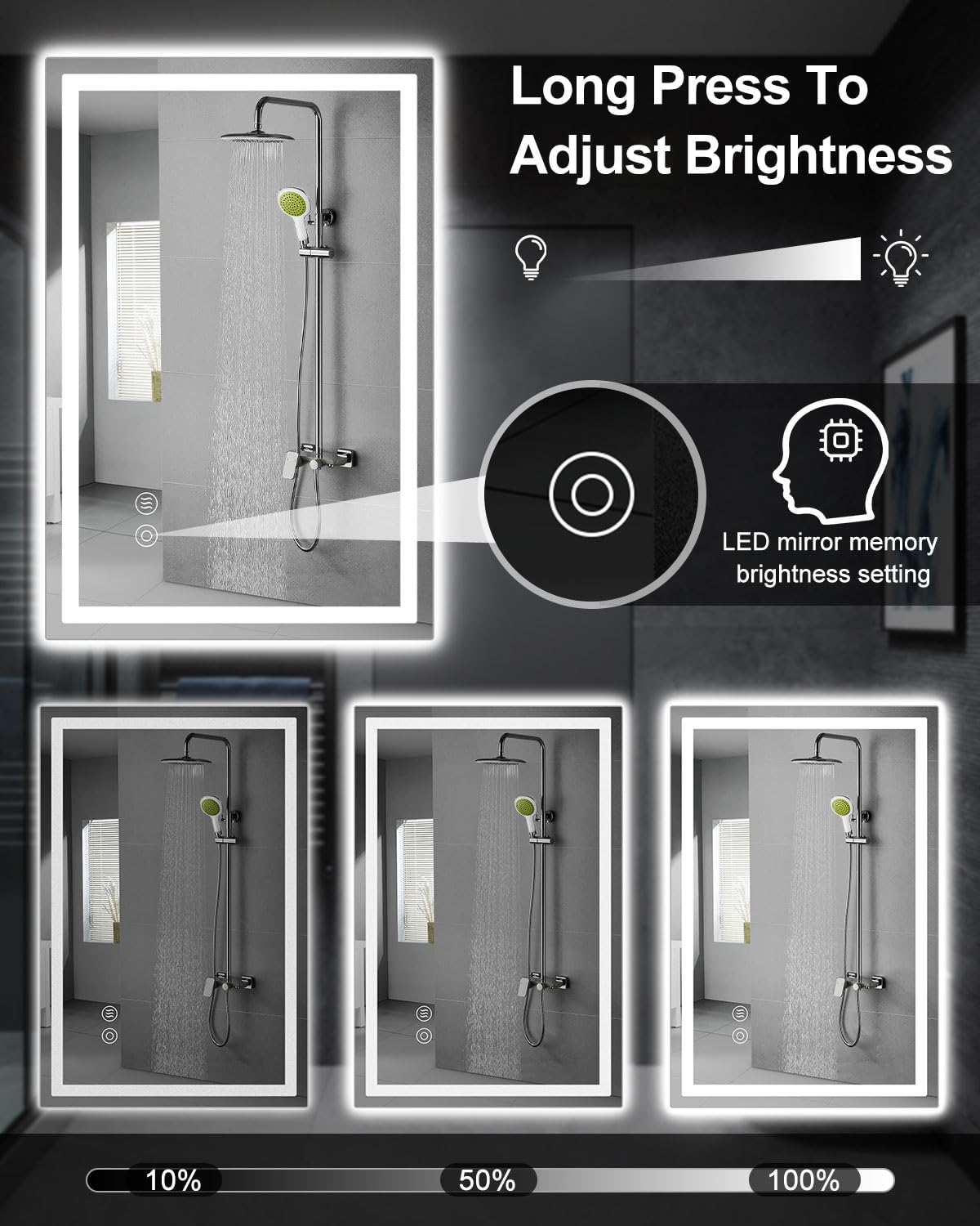 Lustro łazienkowe z oświetleniem LED, 50 x 70 cm, z włącznikiem dotykowym, przeciwmgielne, możliwość ściemniania, 3 temperatury barwowe, funkcja pamięci, wodoszczelne (IP44), lustro łazienkowe