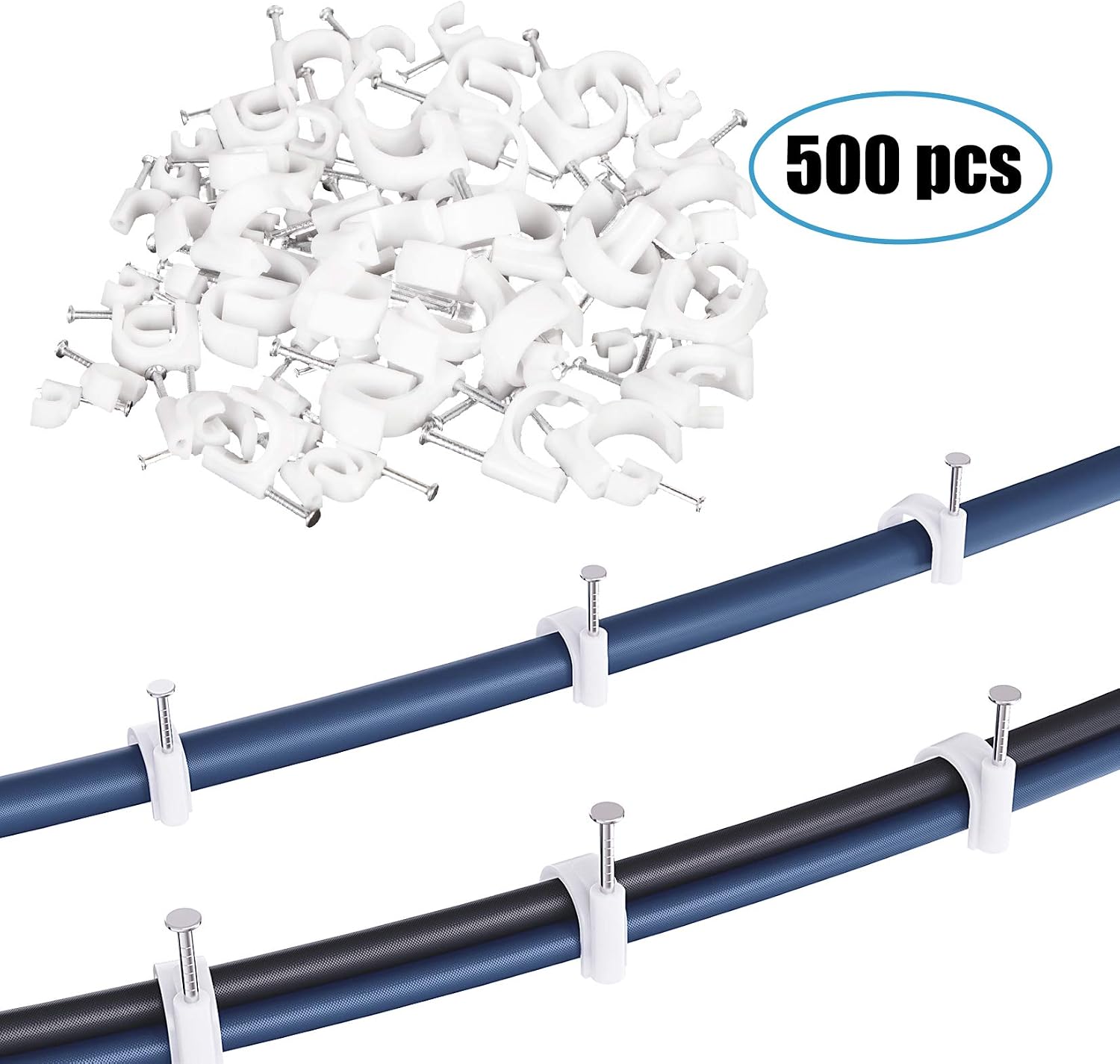 Attmu 500 Pack Cable Clips White Cable Wire Clips ​Management with Steel Nails 4mm 6mm 8mm 10mm 12mm Ethernet Cable Nails Round Cable Wire Tacks for Cat6 Rg6, Rg59, Rj45 Cable, White