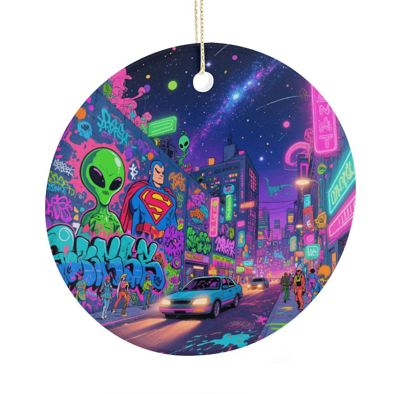 Fekiloot Style Graffiti City Christmas Ornaments 2.9 Inch Round Ceramic Ornament Keepsake Thank You Gifts For Office, Room, Home - Holiday Present Ideas