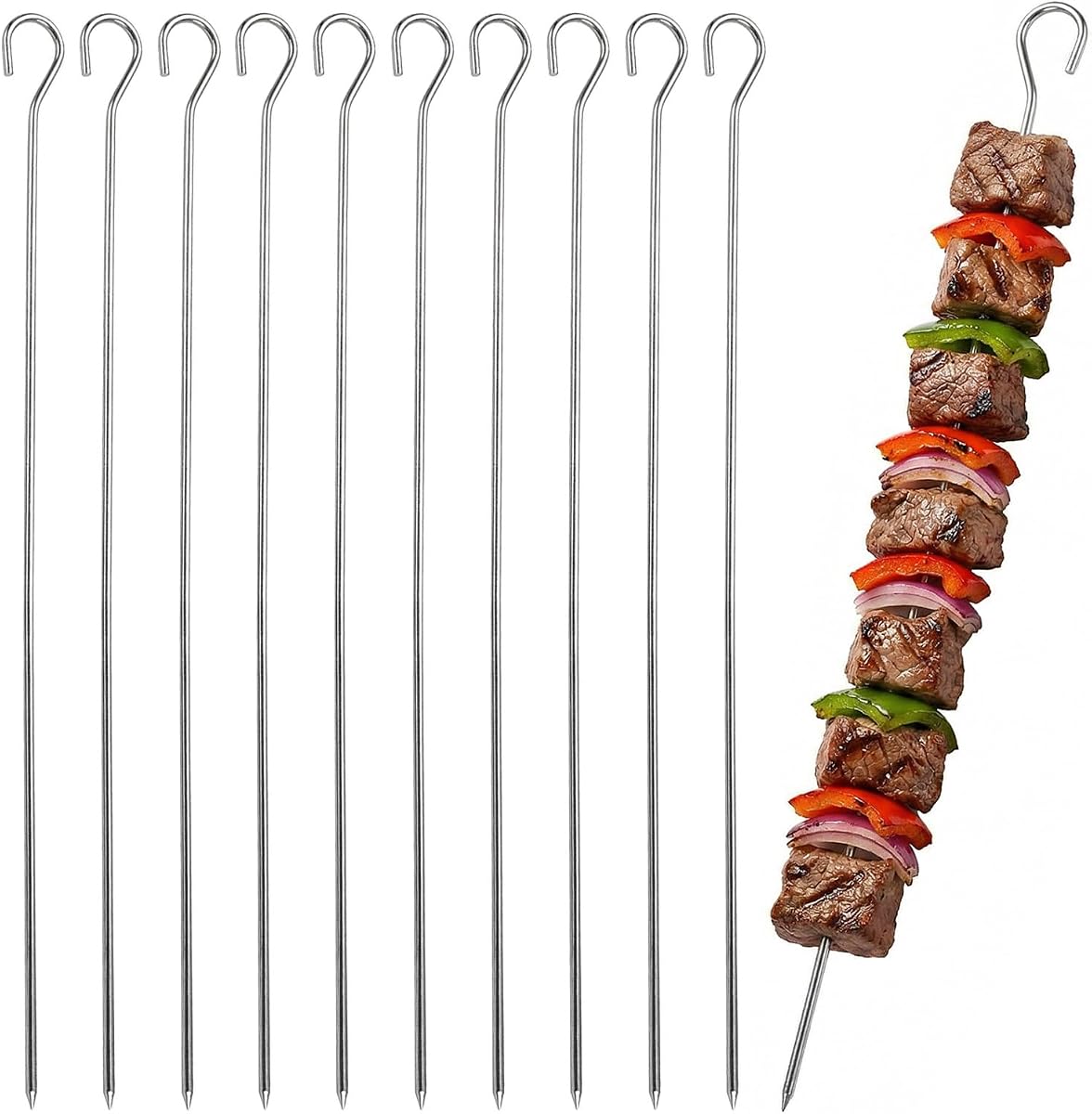 Paquete de 10 brochetas de metal para asar a la parrilla Brochetas de metal reutilizables de 12 pulgadas para Kabobs Brochetas de barbacoa Kabob para asar Salidas Cocinar Carne Pollo Verduras Parrilla al aire libre