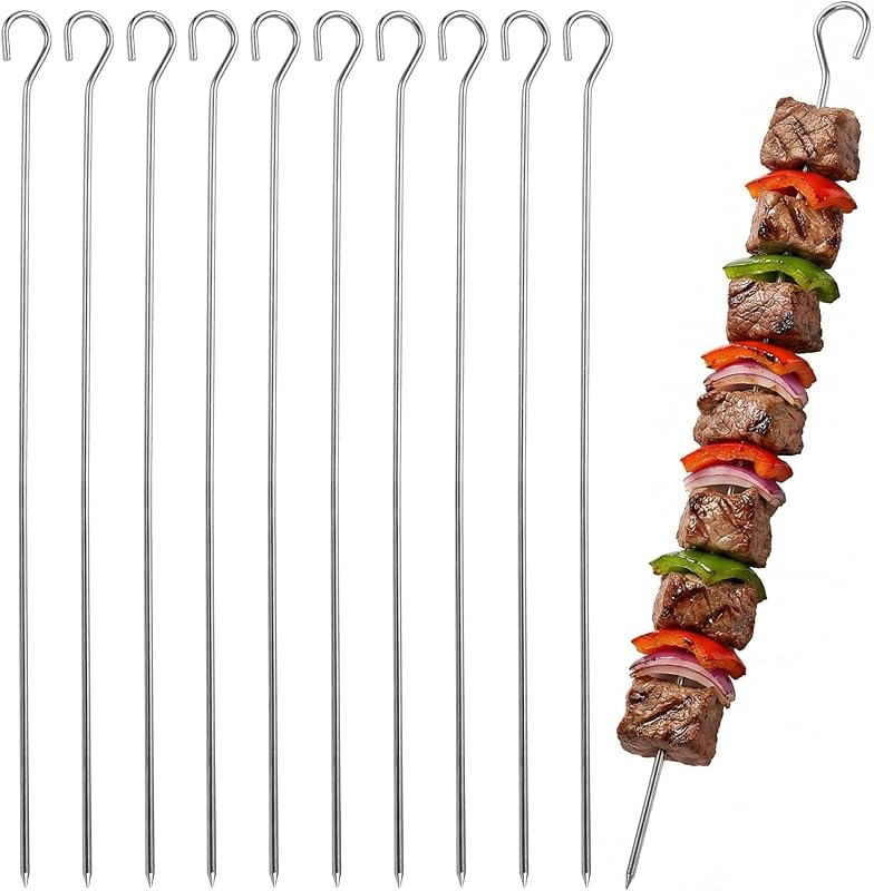 10 Pack Metal Skewers for Grilling 12 inch Reusable BBQ Metal Skewers for Kabobs Barbecue Kabob Skewer for Grilling Outings Cooking Meat Chicken Vegetables Outdoor Grill