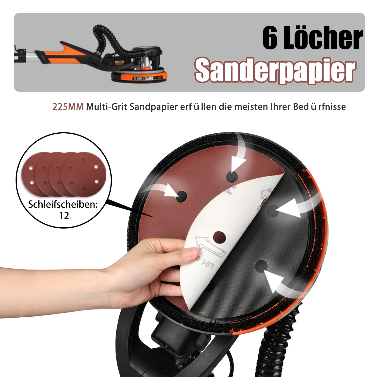 Lijadora de pared y techo, 750 W, velocidad máxima de 1800 rpm, lijadora de pared con LED y mango telescópico, lijado de 215 mm, bolsa de extracción, mango plegable, cabezal inclinable