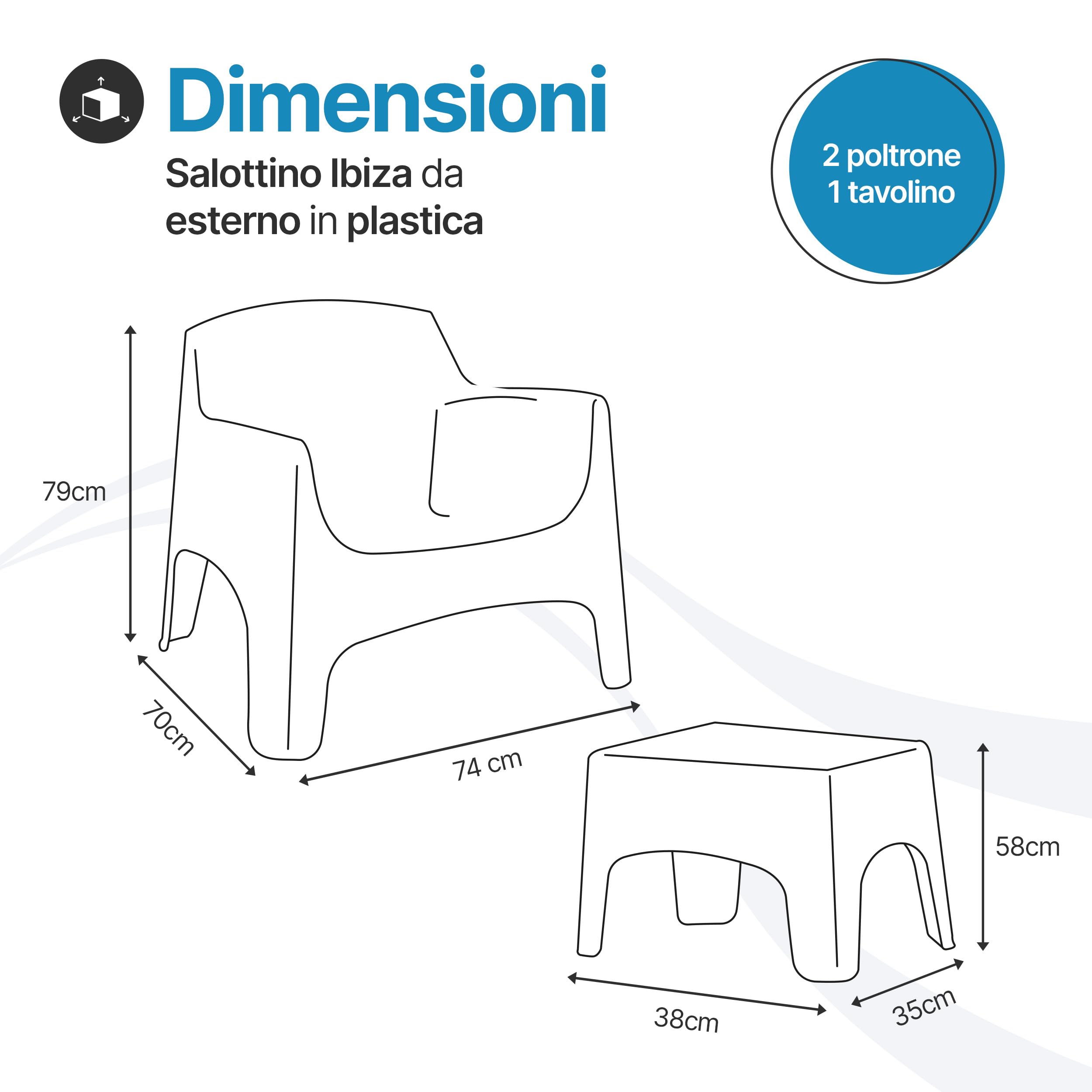 Tomaino - Salotto Da Giardino Ibiza- Set Da Giardino Esterno 2 Poltrone Impilabili Con Braccioli e Tavolino In Plastica - Salottino da Esterno Tortora