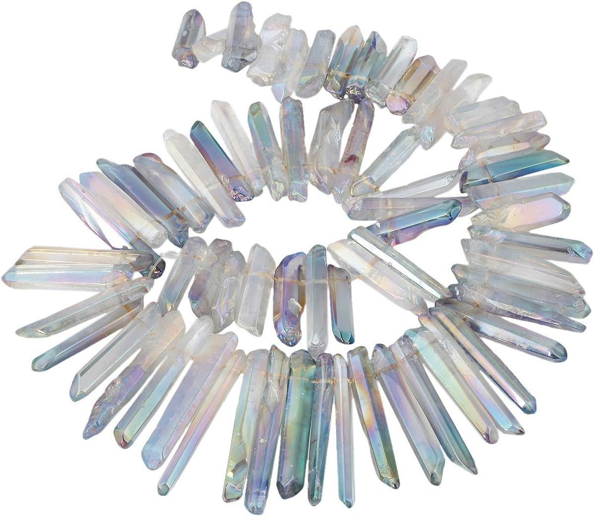 KYEYGWO Titanium Coated Irregular Rough Crystal Point Quartz Top Drilled Raw Stick Spike Beads for Jewellery Making DIY Art Craft