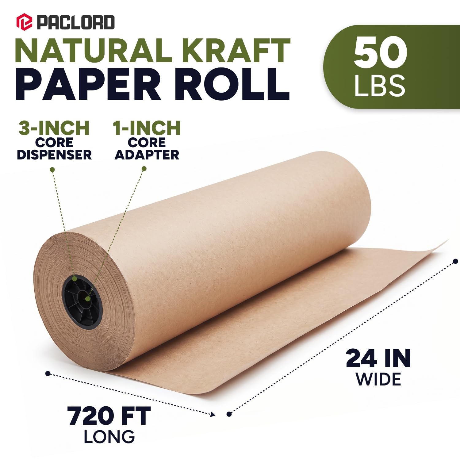Paclord Kraftpapierrolle, naturbraun, 61 x 21945,6 cm (219,5 m), 22,7 kg, hergestellt in den USA, 7,6 cm große Rolle braunes Geschenkpapier zum Verpacken