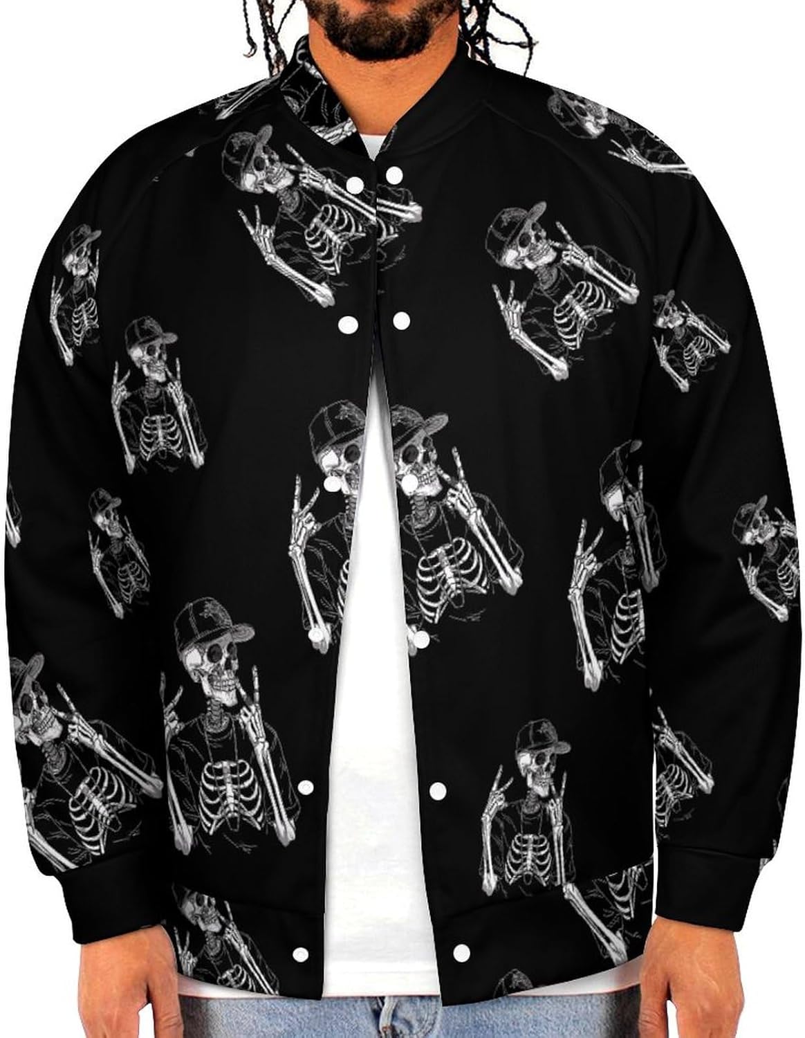 Funny Skull Skeleton Novelty Men's Baseball Jackets Causal Sweatshirt Button Top Long Sleeve Coat