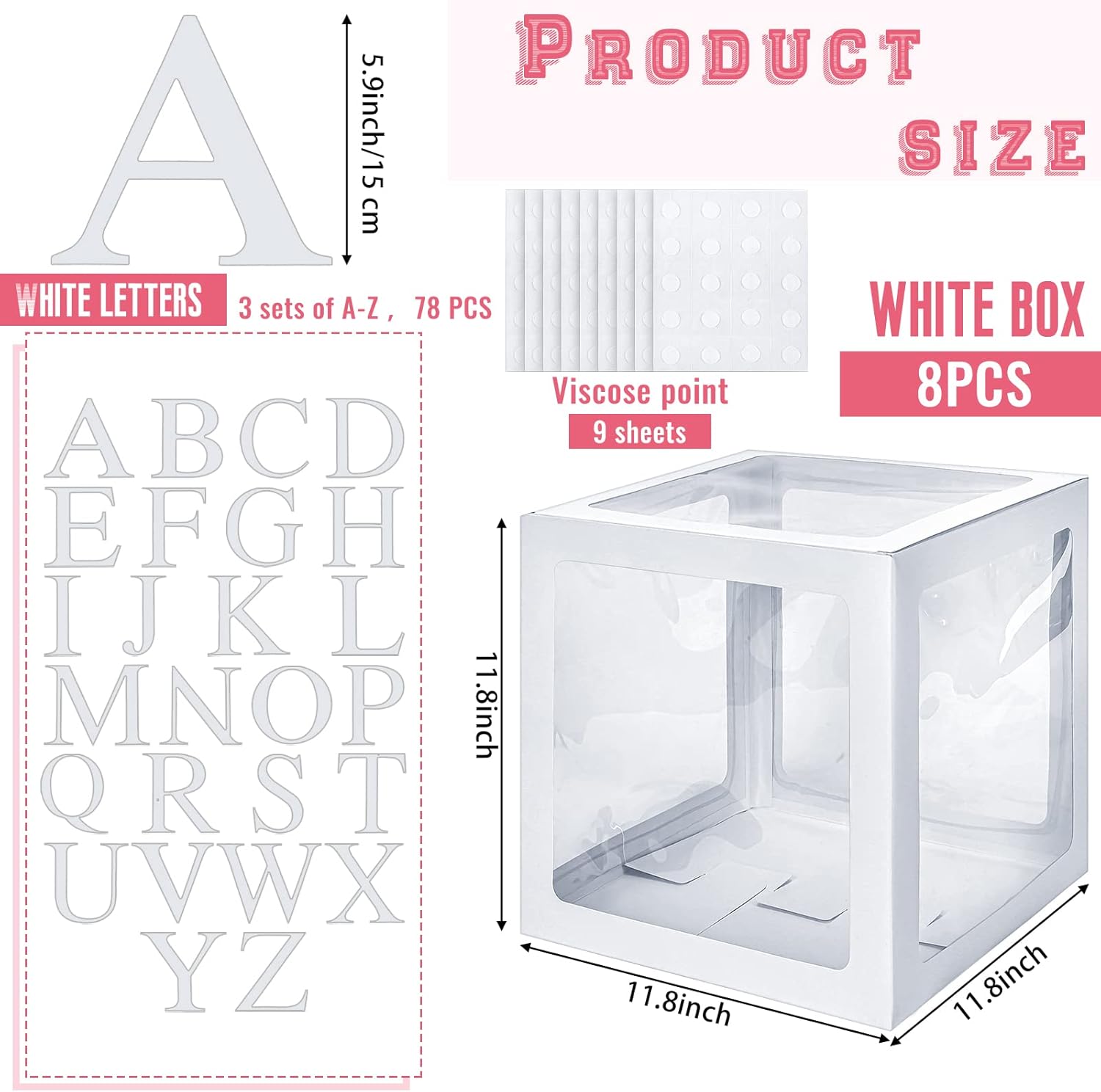 Geyee 8 Pcs Transparent Balloon Box with 78 Letters for Baby Shower 3 Sets of A-z Clear Balloon Box for Gender Reveal Birthday Bridal Wedding Decorations(White)