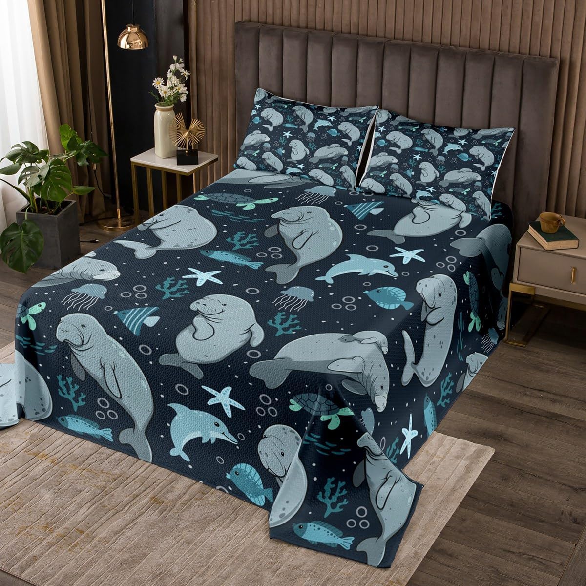 Erosebridal Cute Manatees Quilt Set Queen Size, Marine Fishes Bedspread Set for Kids, Cartoon Sea Cow Ocean Tortoise Jellyfish Room Decor Coral Plants Coverlet Set, Blue Grey Bed Set