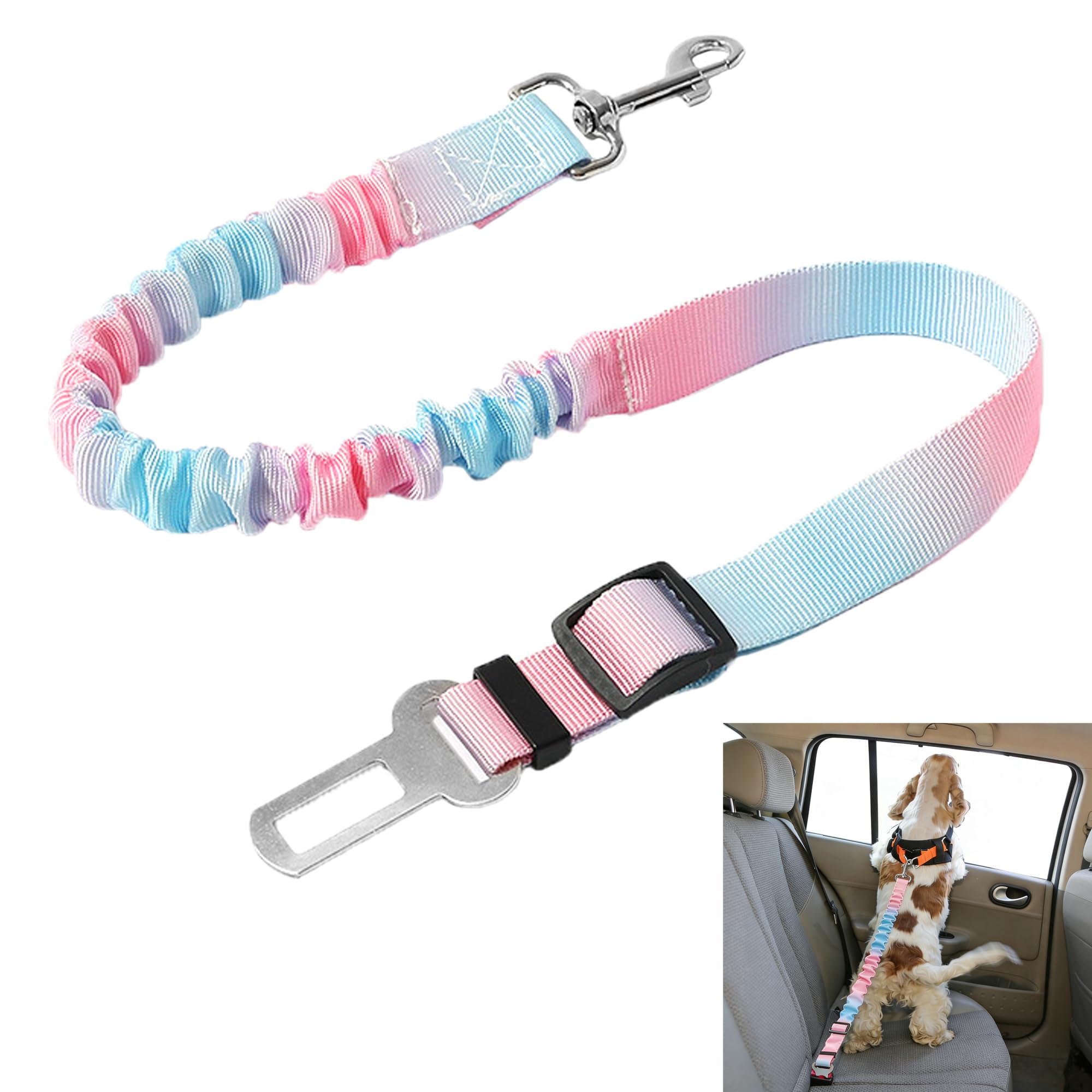 Réglable Ceinture Securite Chien Voiture - 1 Pièce, Bleu Rose Dégradé, Elastique Attache Chiens Voitures, Adaptée à Tous Les Types d'animaux et de Modèles de Véhicules