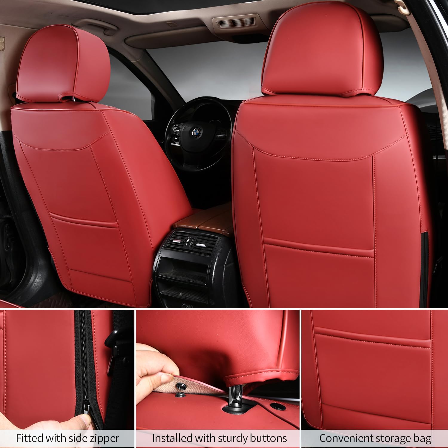 Car Seat Covers Full Set, Leather Seat Covers for Cars, 5 Pcak Breathable Seat Cover, Suitable for SUV/Truck/Sedan/Automotive (Burgundy)