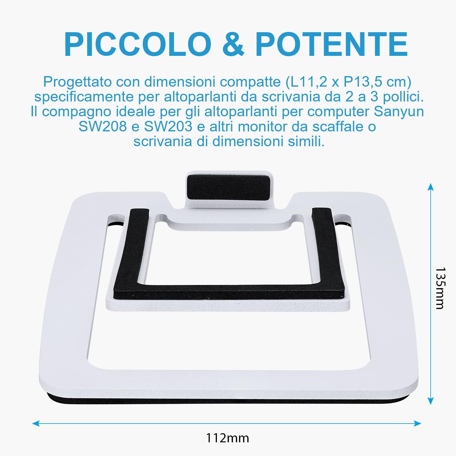 Sanyun SW601 Supporti per Altoparlanti da Scrivania Inclinati a 15° per Altoparlanti da PC Computer Scaffale Monitor Compatti da 2''-3'', Base Acciaio con Schiuma Fonoassorbente (Coppia, Bianco)