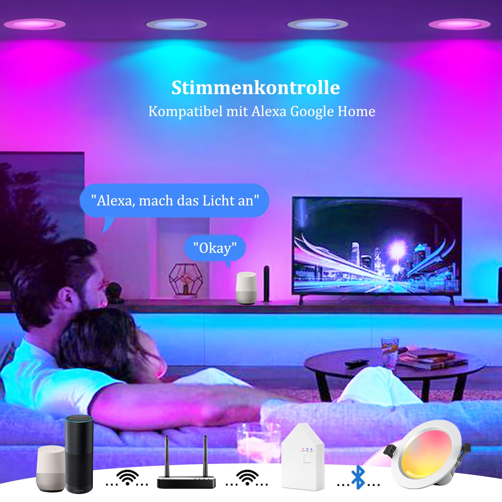 9W RGBWC+CCT LED Einbaustrahler 230V, 10er WiFi Bluetooth LED Einbauleuchten Dimmbar LED Deckenspot Flach Einbauspots Alexa, RGB+2700K-6500K, APP Steuerung, Kompatibel mit Alexa Google Home | Dimmbar LED Deckenspot Flach Einbauspots Alexa, RGB+2700K-6500K