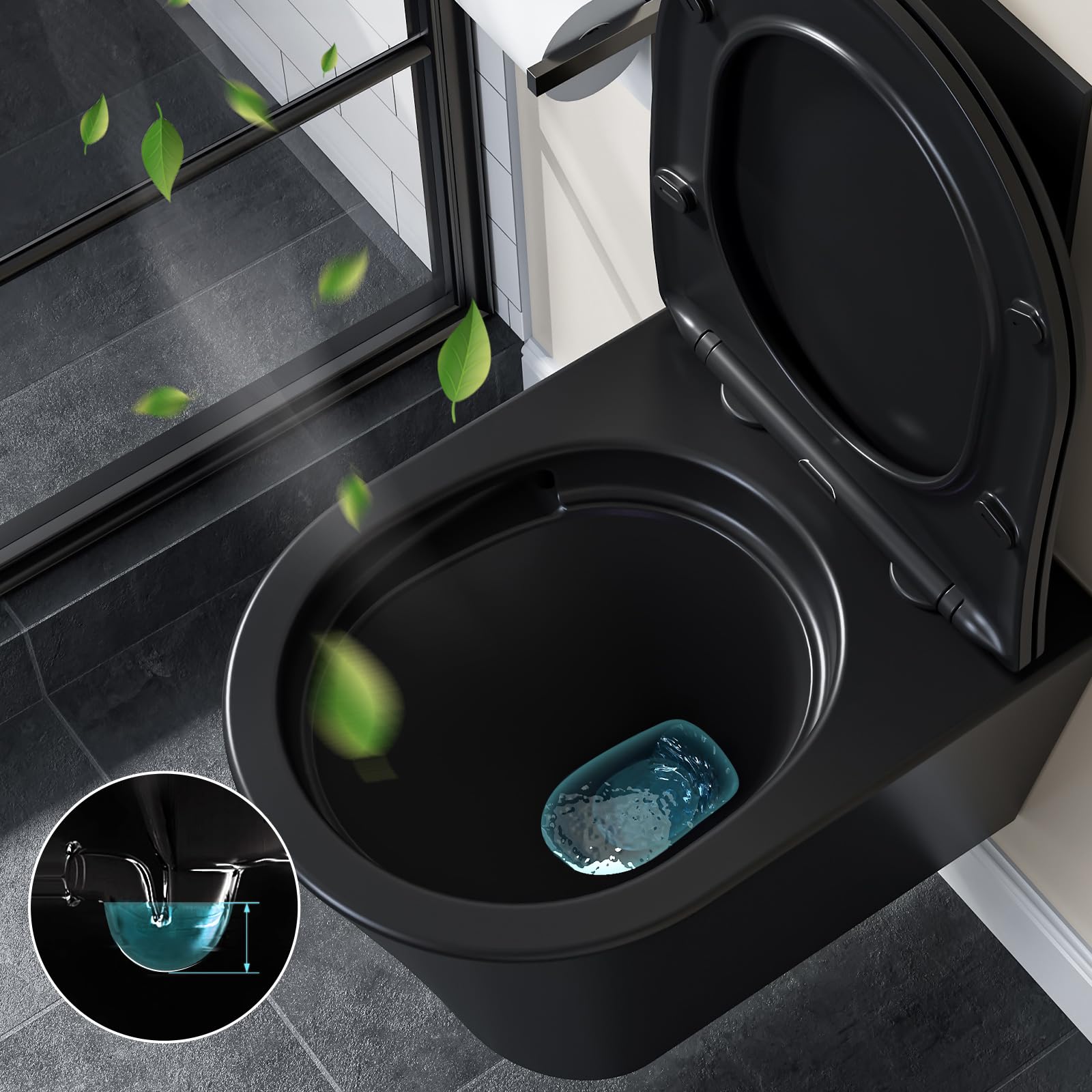 Wisząca WC na ścianie, matowa czerń, z wolnoopadającą deską klozetową, ceramiczna z powłoką nano - jednootworowa spłuczka superspinowa - 48,5 × 35,5 × 35,5 cm