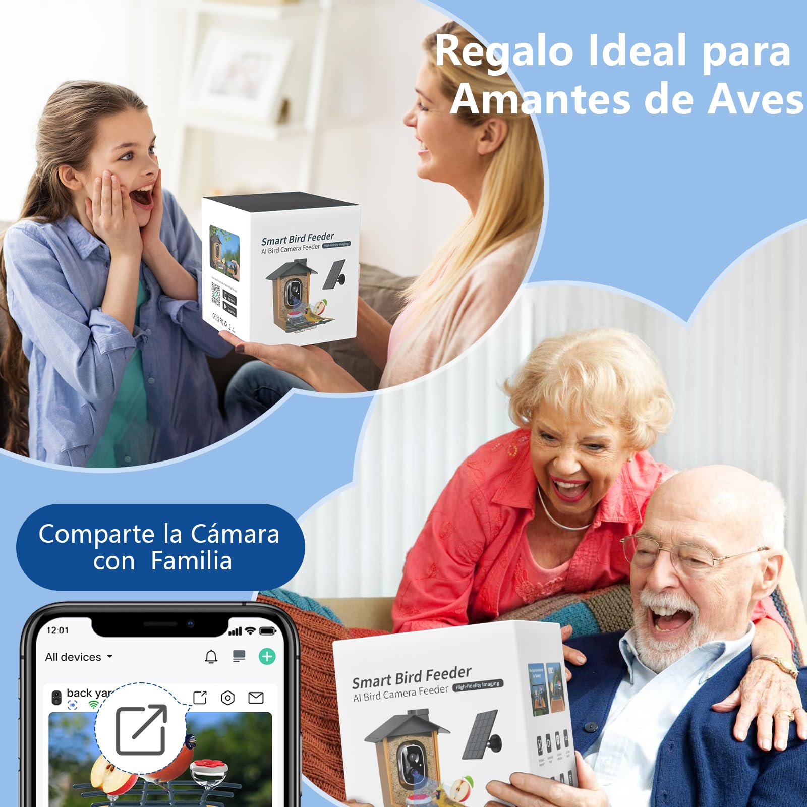 Comedero Pajaros con Cámara 2K HD AI identifica 10000+ Pájaros Solar Comedero Pajaros Exterior Notificación Instantánea Impermeable IP65 Almacenamiento en Nube Captura Automática Imagen/Videos