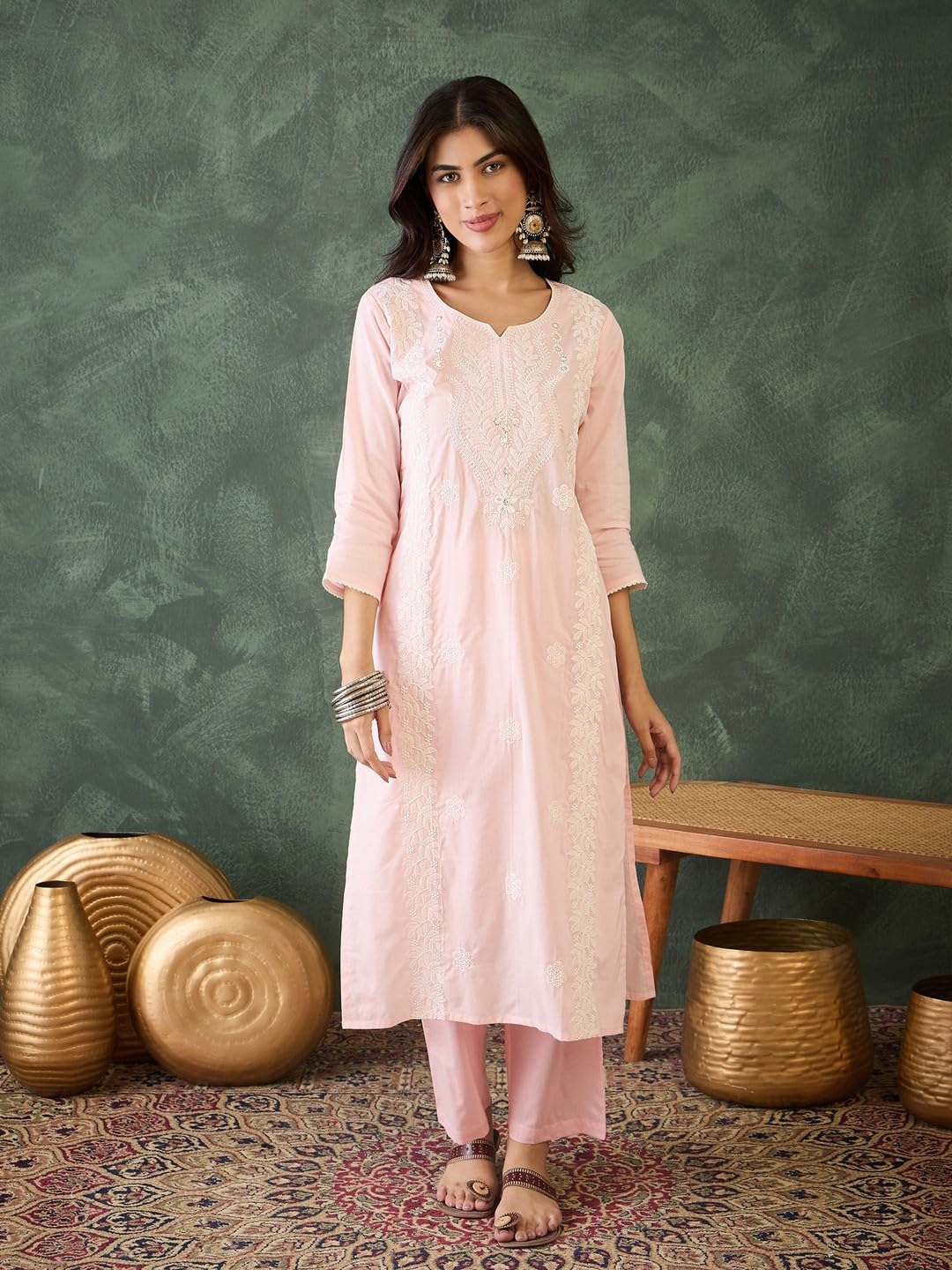 LookMark Set kurti da donna in misto cotone ricamato con kurti dritto Dupatta con pantaloni etnici tradizionali