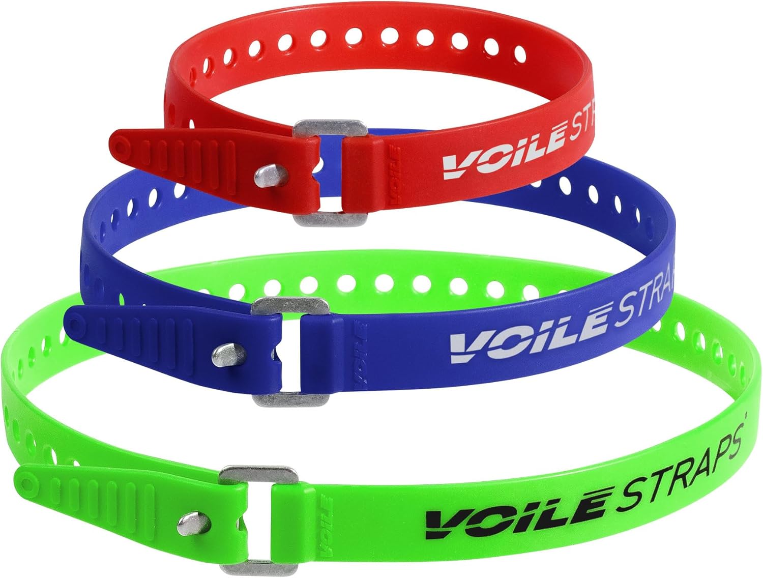 Voile Straps® 3 Pack – Aluminum Buckle | 3-Pack of Heavy-Duty UV-Resistant Polyurethane Straps | 15", 20", and 25" | Outdoor, Bikepacking, Repairs – Made in USA (Red-Blue-Green)