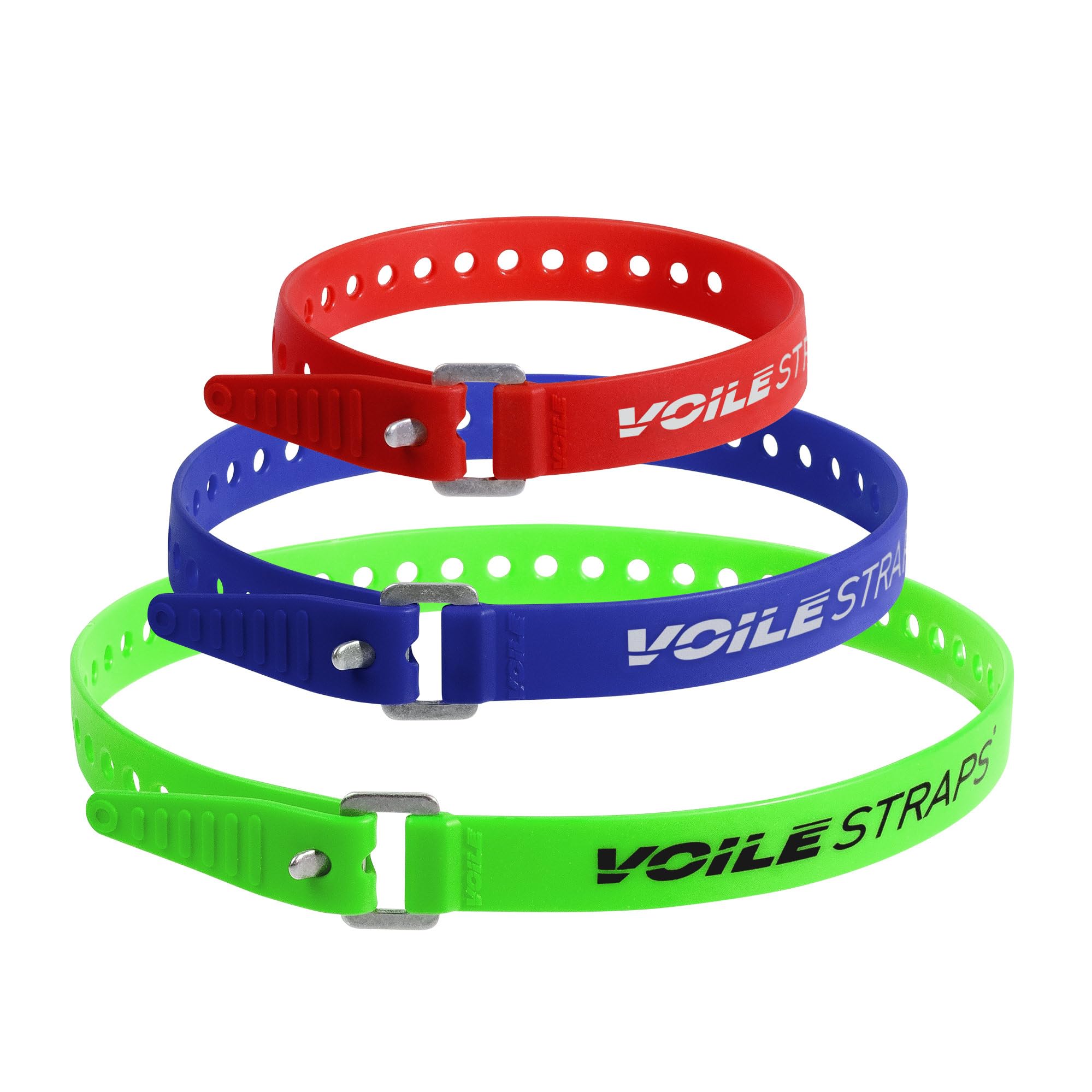 Voile Straps® 3 Pack – Aluminum Buckle | 3-Pack of Heavy-Duty UV-Resistant Polyurethane Straps | 15", 20", and 25" | Outdoor, Bikepacking, Repairs – Made in USA (Red-Blue-Green)