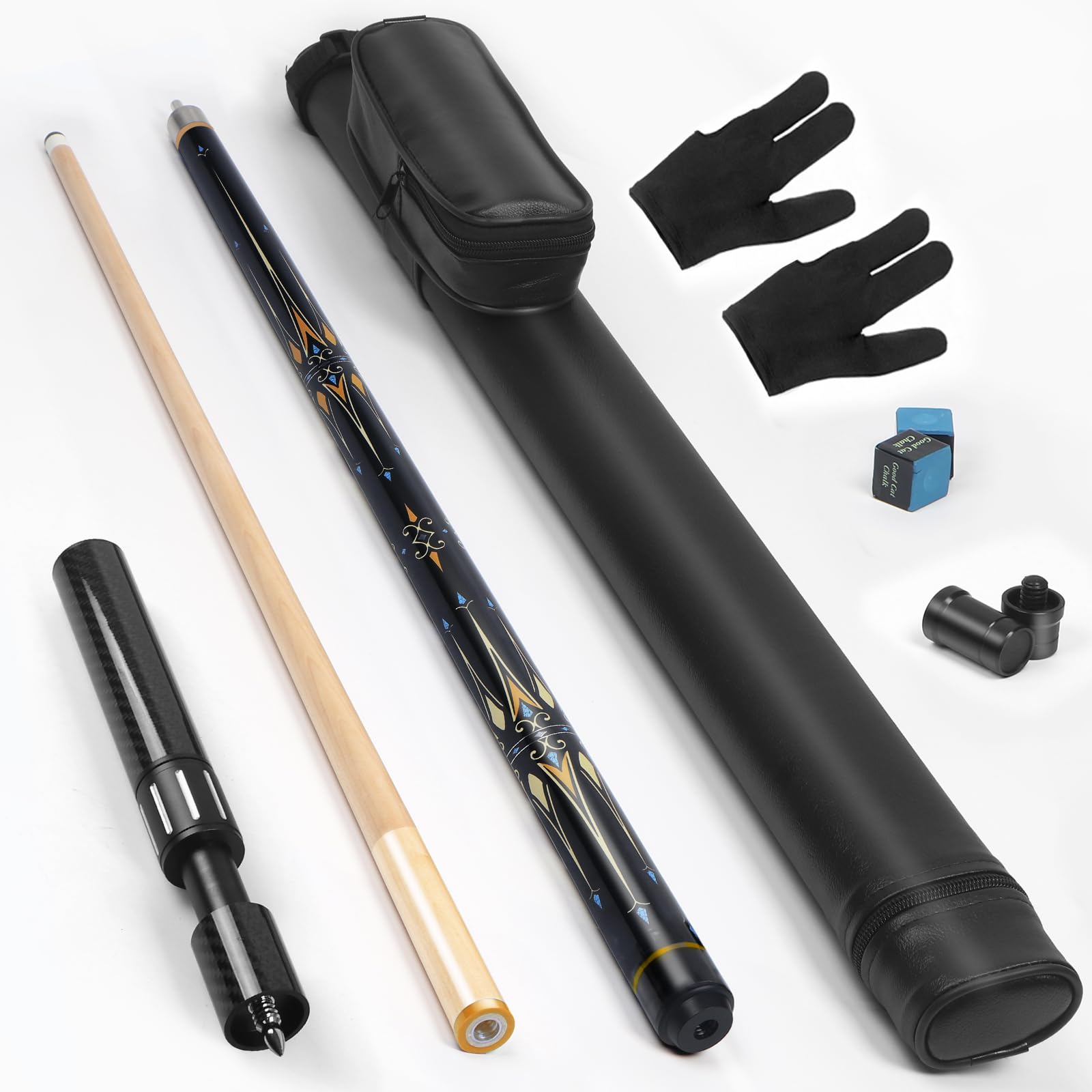 lotmusic Pool Stick with Telescopic Carbon Fiber Extension Cue,58 Inch Professional Pool Cue Stick Set with Billiards Accessories(Black Pool Cue Case,Billiard Gloves & Chalks)