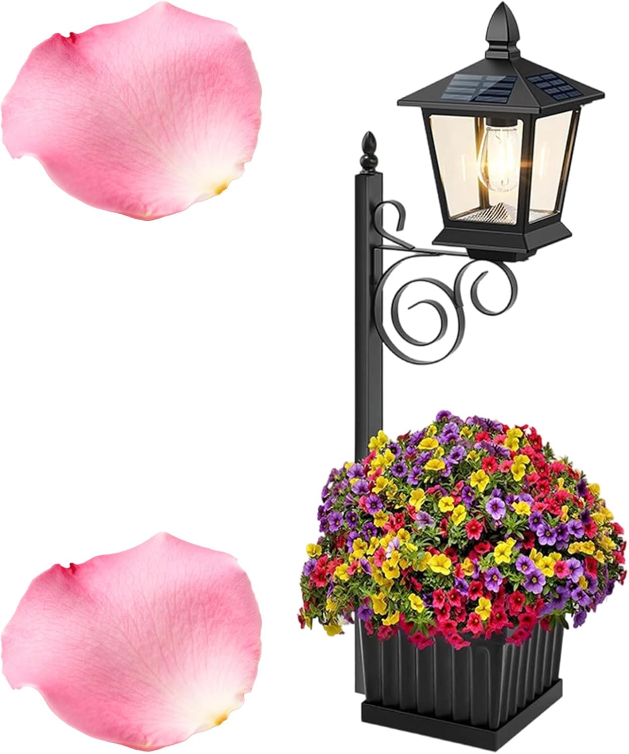 2-in-1 Solar Lamp Post Outdoor with Planter Base, IP65 Waterproof Metal Solar Lantern, 2700K Warm White LED Dusk to Dawn Auto On/Off, Decorative Street Light for Garden, Patio, Pathway, Black (A-1)