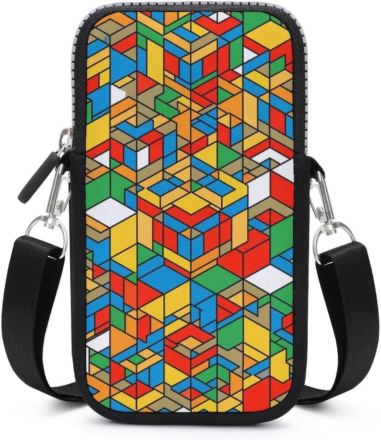 Womens Mini Cell Phone Purses Cube Colorful Art Small Crossbody Bag Neoprene Cellphone Purses with Shoulder Strap Zipper Wallet