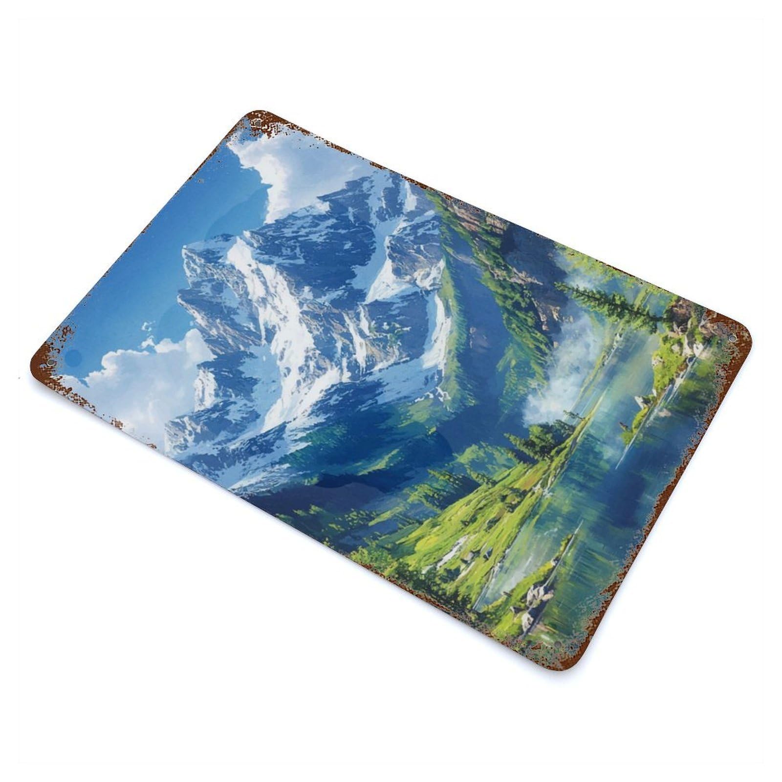 Rust Effect Mountain Lake Landscape Distressed Metal Wall Sign 11.8"x7.9", Decorative Metal Wall Art for Living Room, Hallway And Home Decor