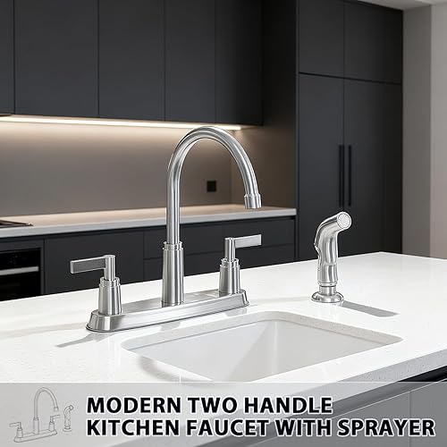 Miniatura 2 de Grifo de cocina con pulverizador, grifo de fregadero de cocina de acero inoxidable de níquel cepillado con rociador lateral, grifo de 3 agujeros o 4