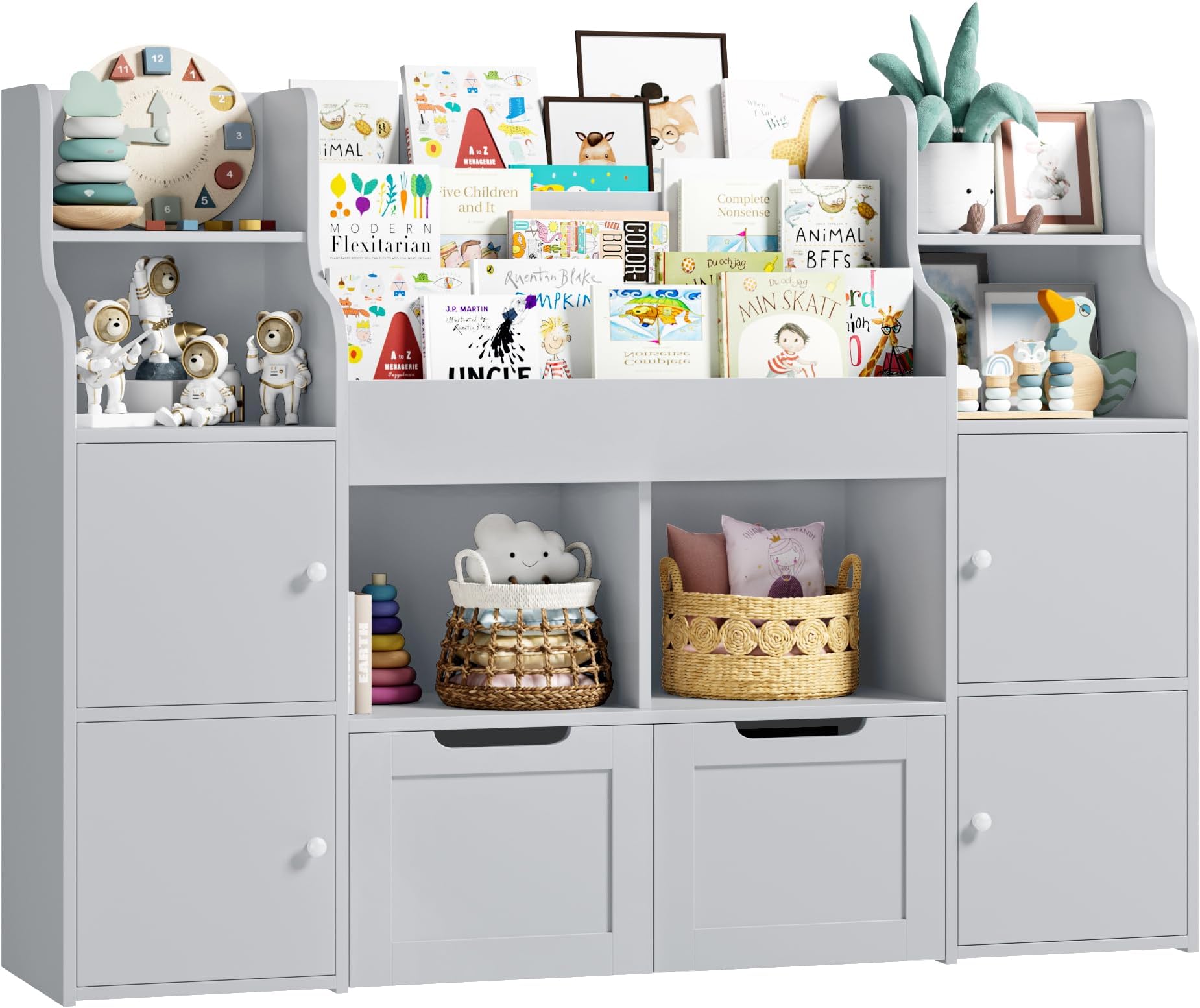 FINETONES Toy Storage Organizer, Large Toy Organizers and Storage with 8 Storage Cubbies and 2 Movable Drawers, Toy Shelf Organizer with 4 Display Shelves, 3-Tier Kids Bookshelf and Toy Storage, Grey
