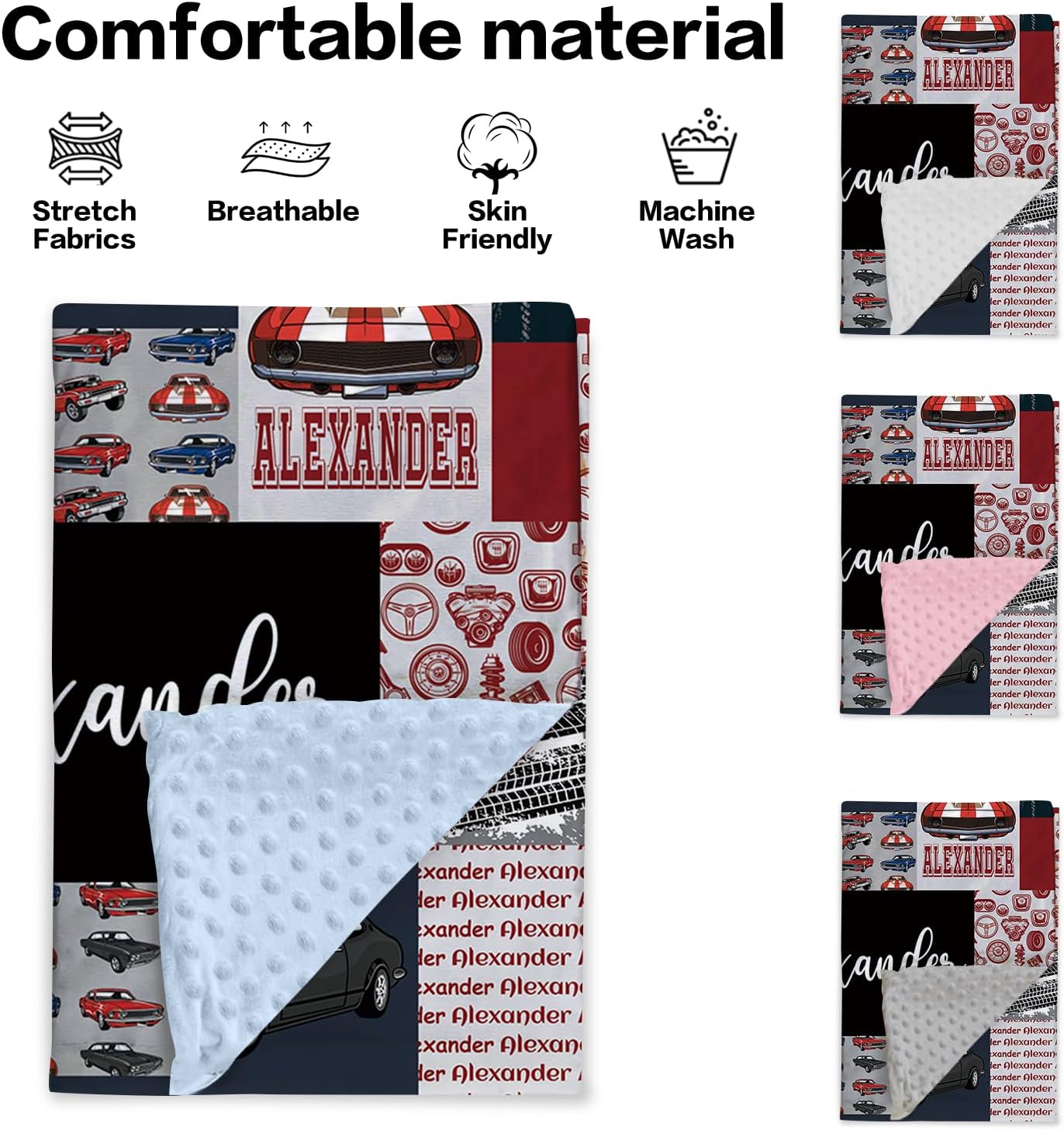 Personalized Baby Blanket – Custom Name Plaid Baby Blankets with Vintage Car Theme, Soft Minky Dotted Throw – Retro Classic Car Design for Boys, Cozy Nursery Bedding