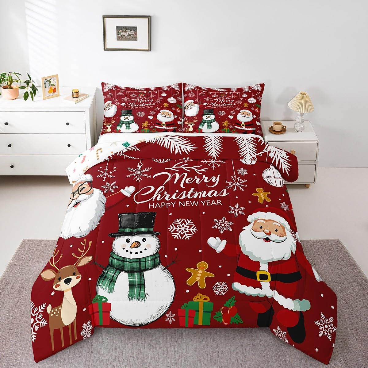Erosebridal Red Christmas Quilt Set Cute Snowman Santa Claus Bedding Set Queen White Snowflake Pine Tree Leaves Comforter Set for Kids Adults Xmas Winter Happy New Year Holiday Bed Set