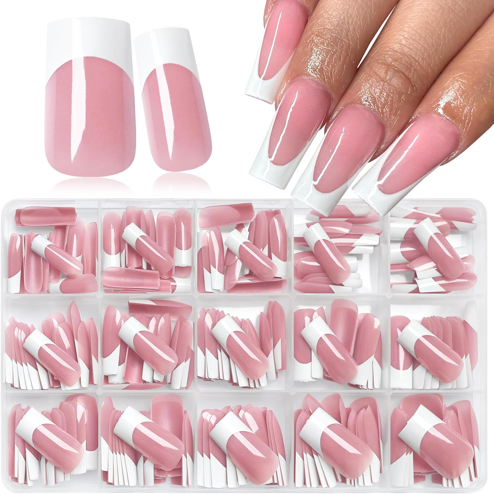 240pc White French Tips Press on Nails Square Fake Nails with Tabs, Medium Nails Press ons French Tip Acrylic Nails Pink Glue ons Nails Square False Fingernail Artificial Nails Stick on Nails Women