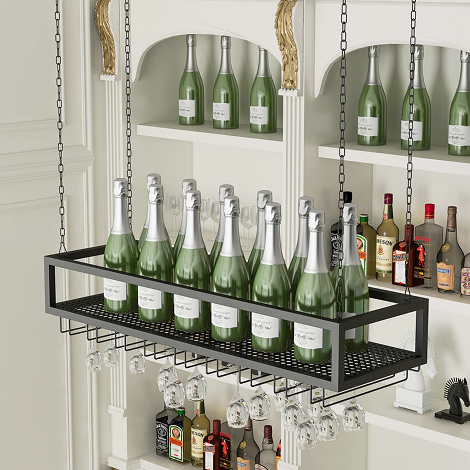 Botellero Colgante de Metal Negro para Bares y restaurantes. Soporte para Copas de Vino y Copas de Techo. Cadena de Hierro Decorativa. Portabotellas (100 x 25 x 20 cm).